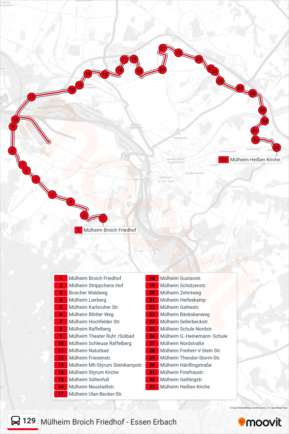 129 bus Line (Mülheim Heißen Kirche) route and stops on a map