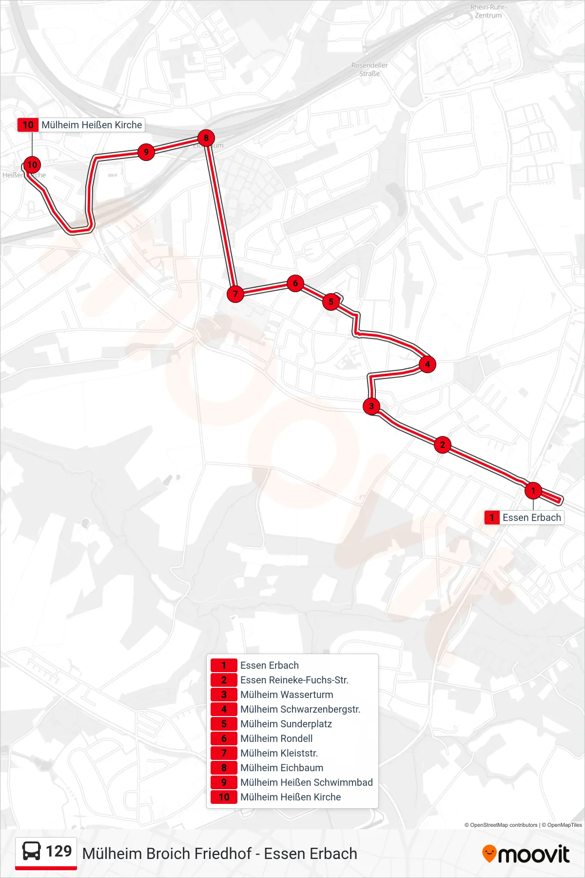 129 bus Line (Mülheim Heißen Kirche) route and stops on a map