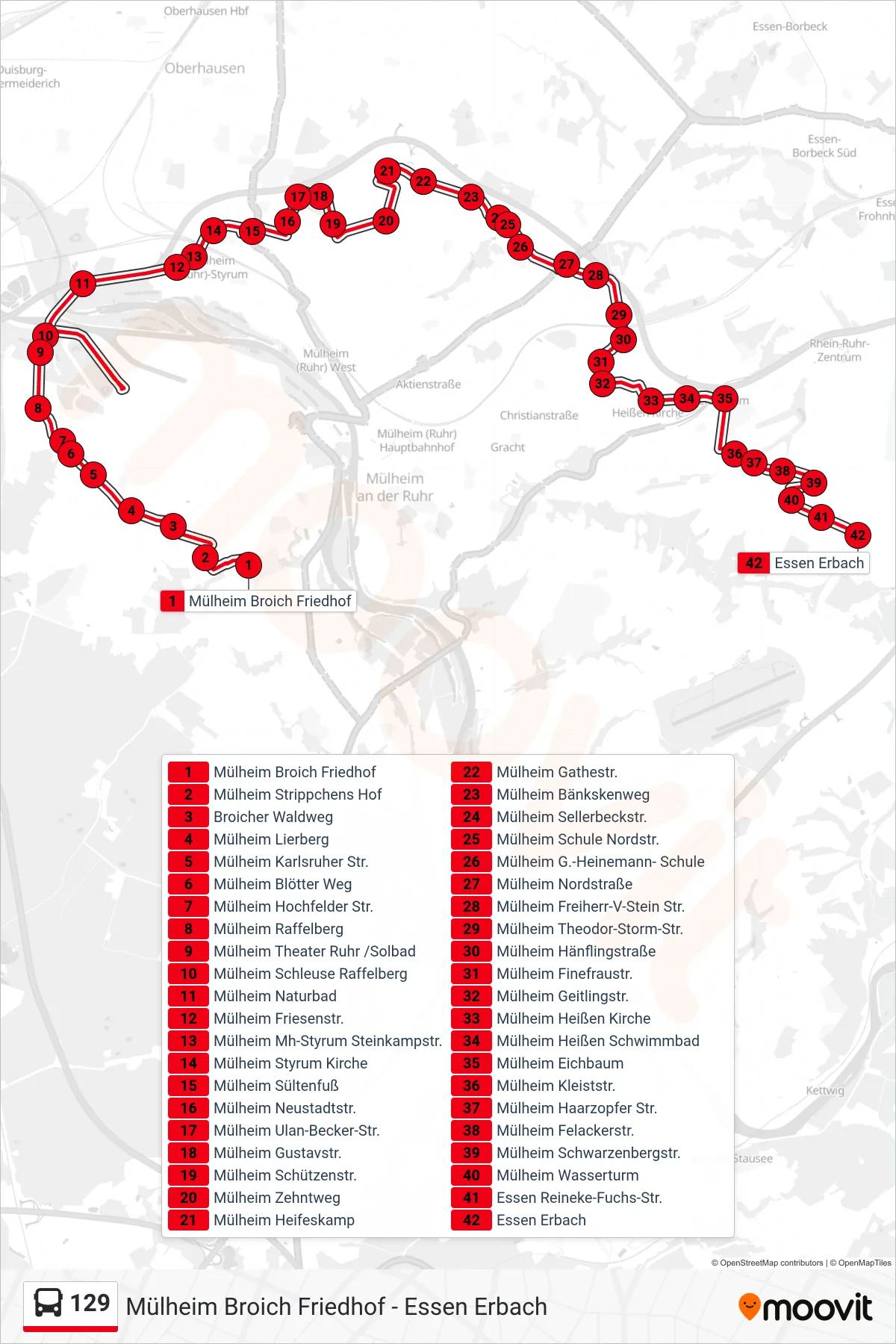 129 bus Line (Essen Erbach) route and stops on a map