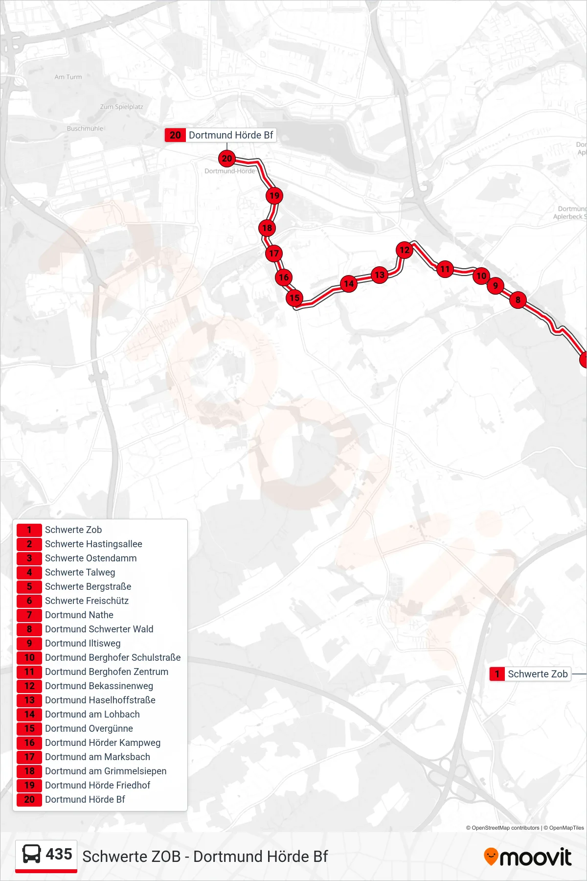 Linie 435 (Bus) Richtung Dortmund Hörde Bf: Route und Haltestellen auf der Karte
