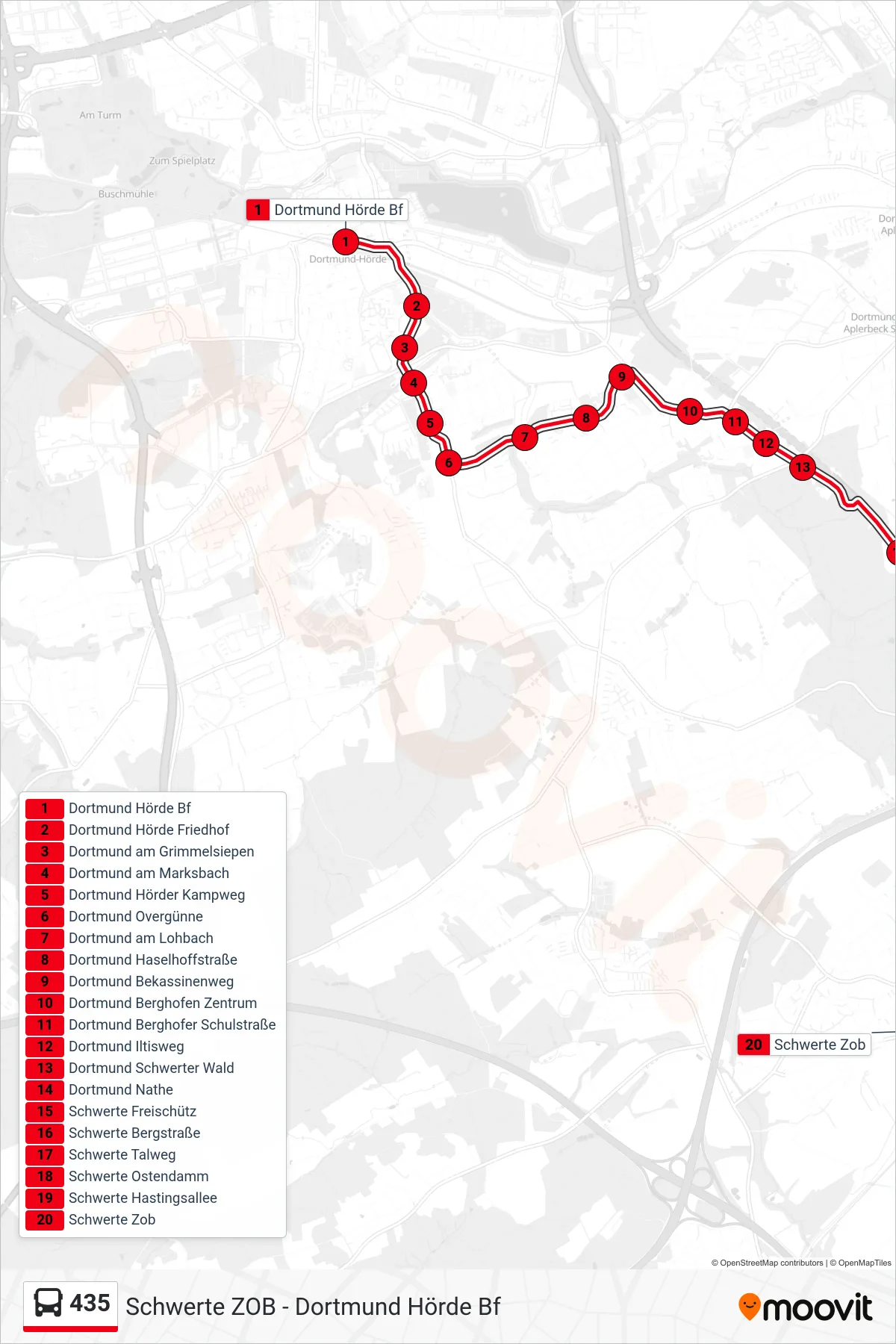 Linie 435 (Bus) Richtung Schwerte Zob: Route und Haltestellen auf der Karte