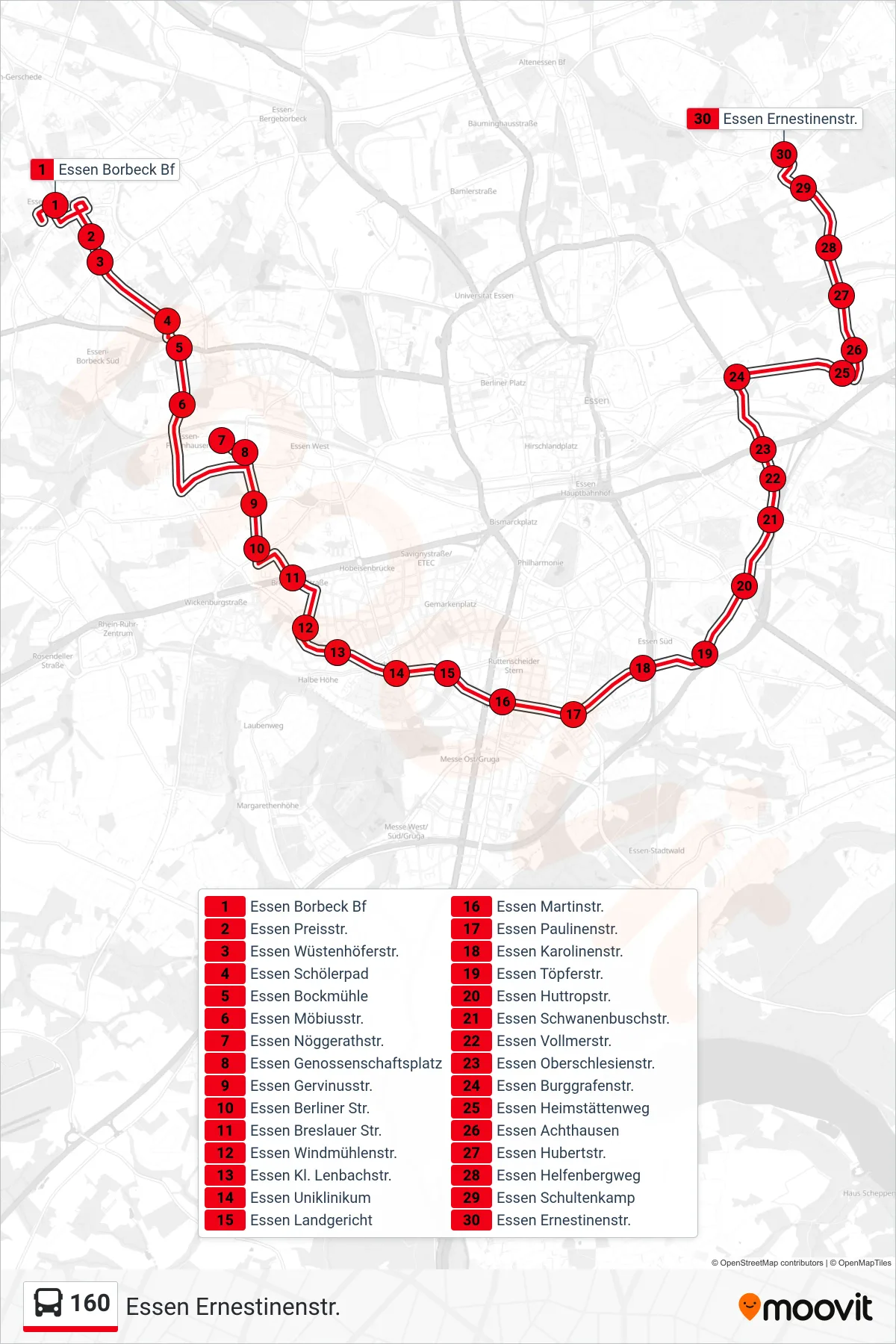 Linie 160 (Bus) Richtung Essen Ernestinenstr.: Route und Haltestellen auf der Karte