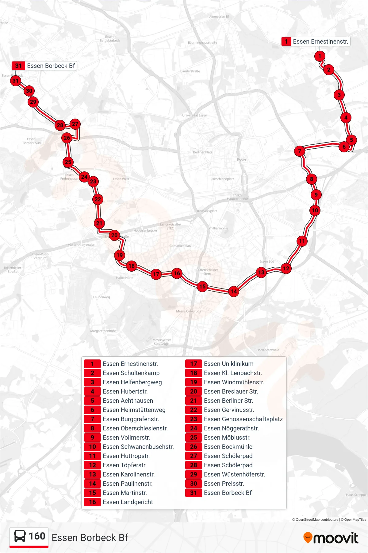 Linie 160 (Bus) Richtung Essen Borbeck Bf: Route und Haltestellen auf der Karte