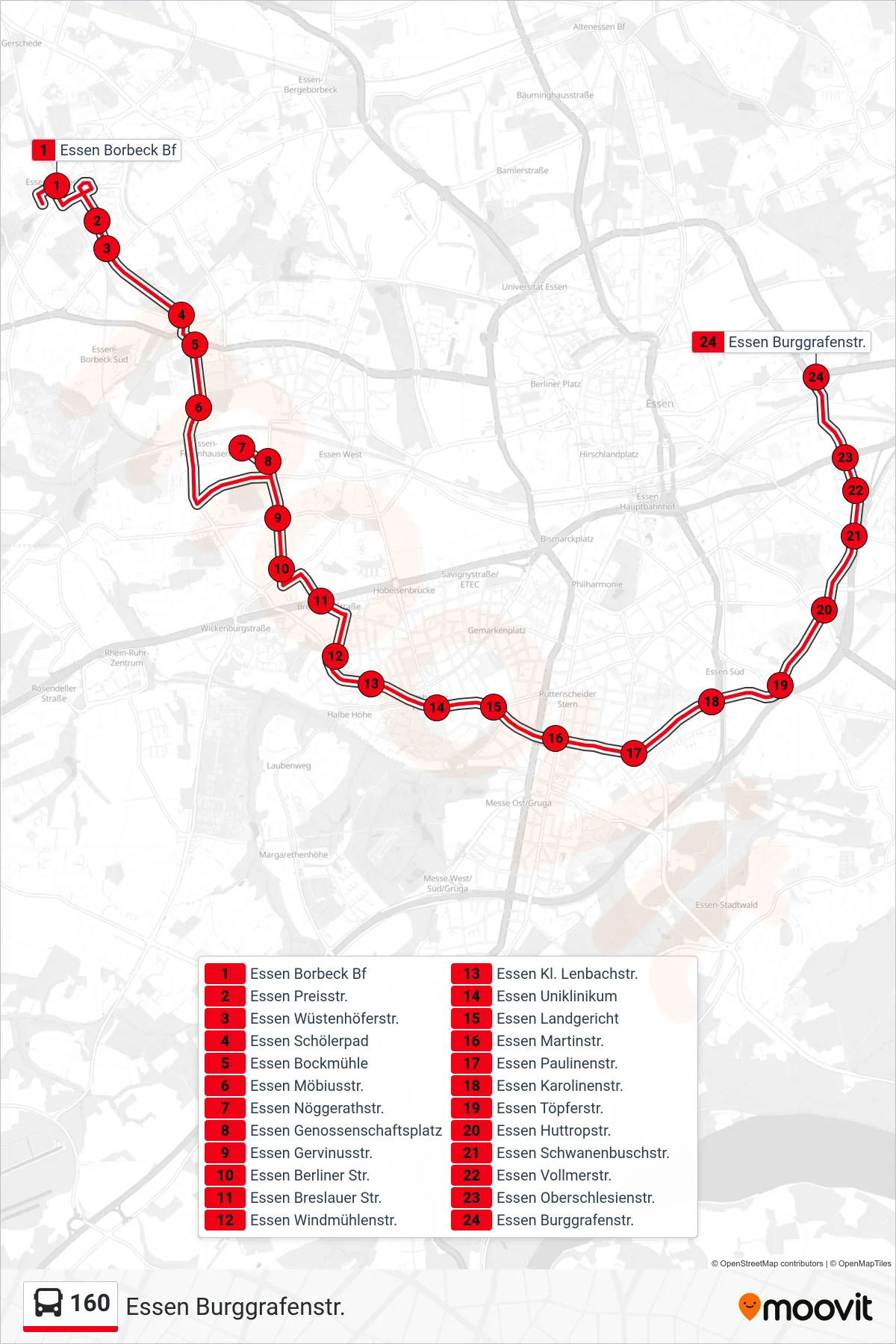Linie 160 (Bus) Richtung Essen Burggrafenstr.: Route und Haltestellen auf der Karte