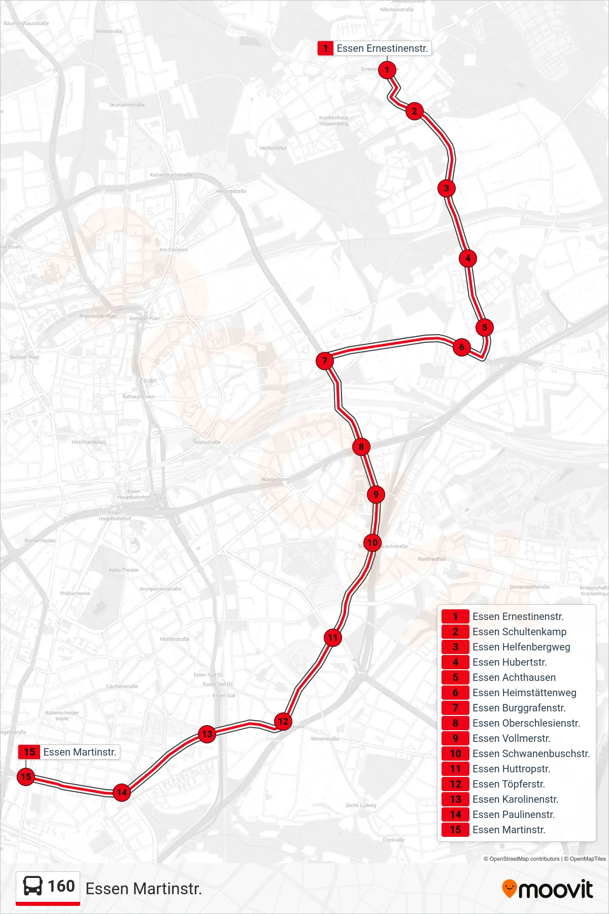 Linie 160 (Bus) Richtung Essen Martinstr.: Route und Haltestellen auf der Karte