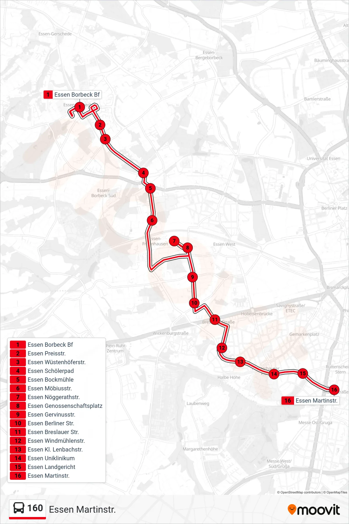 Linie 160 (Bus) Richtung Essen Martinstr.: Route und Haltestellen auf der Karte