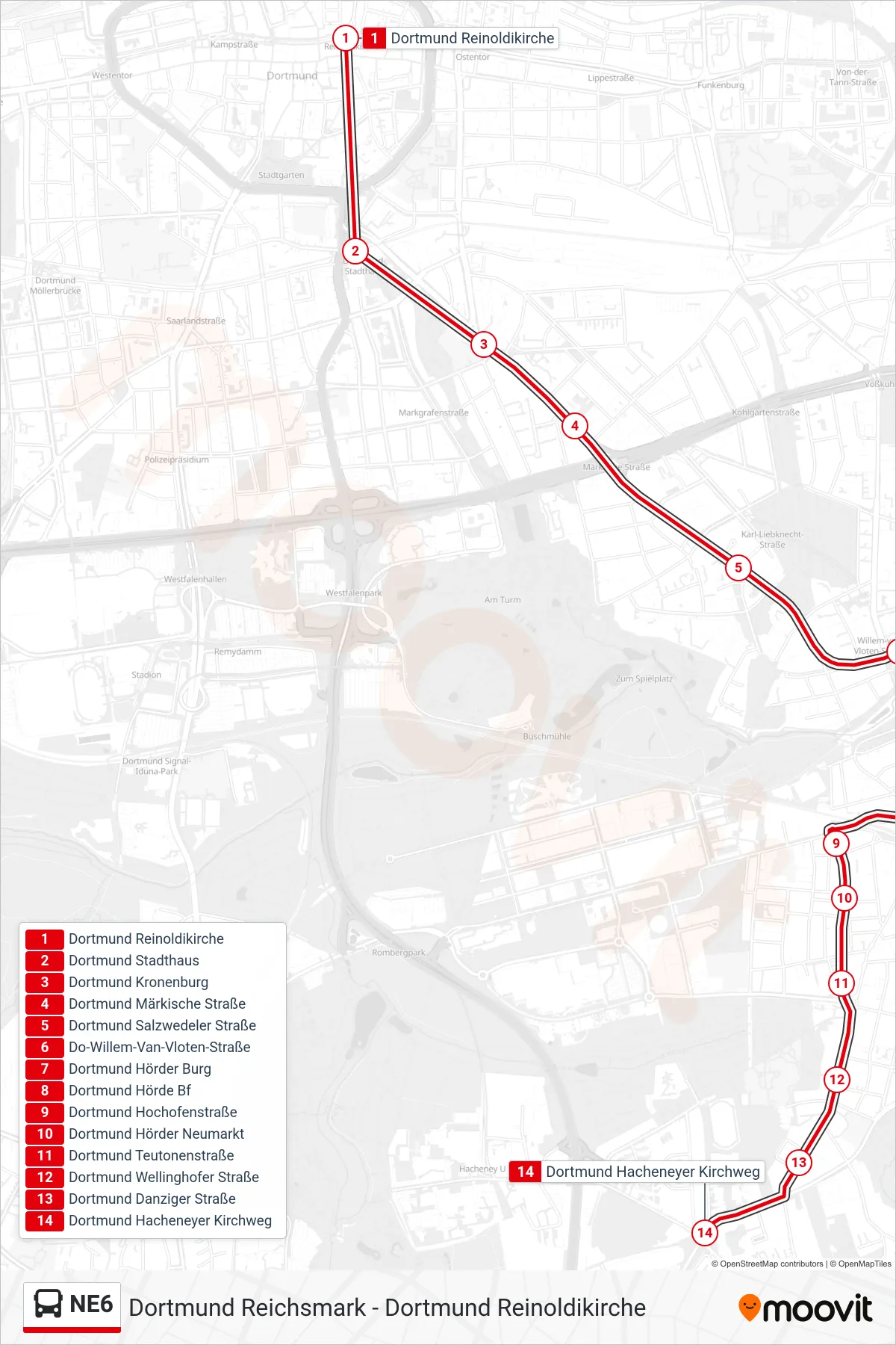 NE6 bus Line (Dortmund Hacheneyer Kirchweg) route and stops on a map