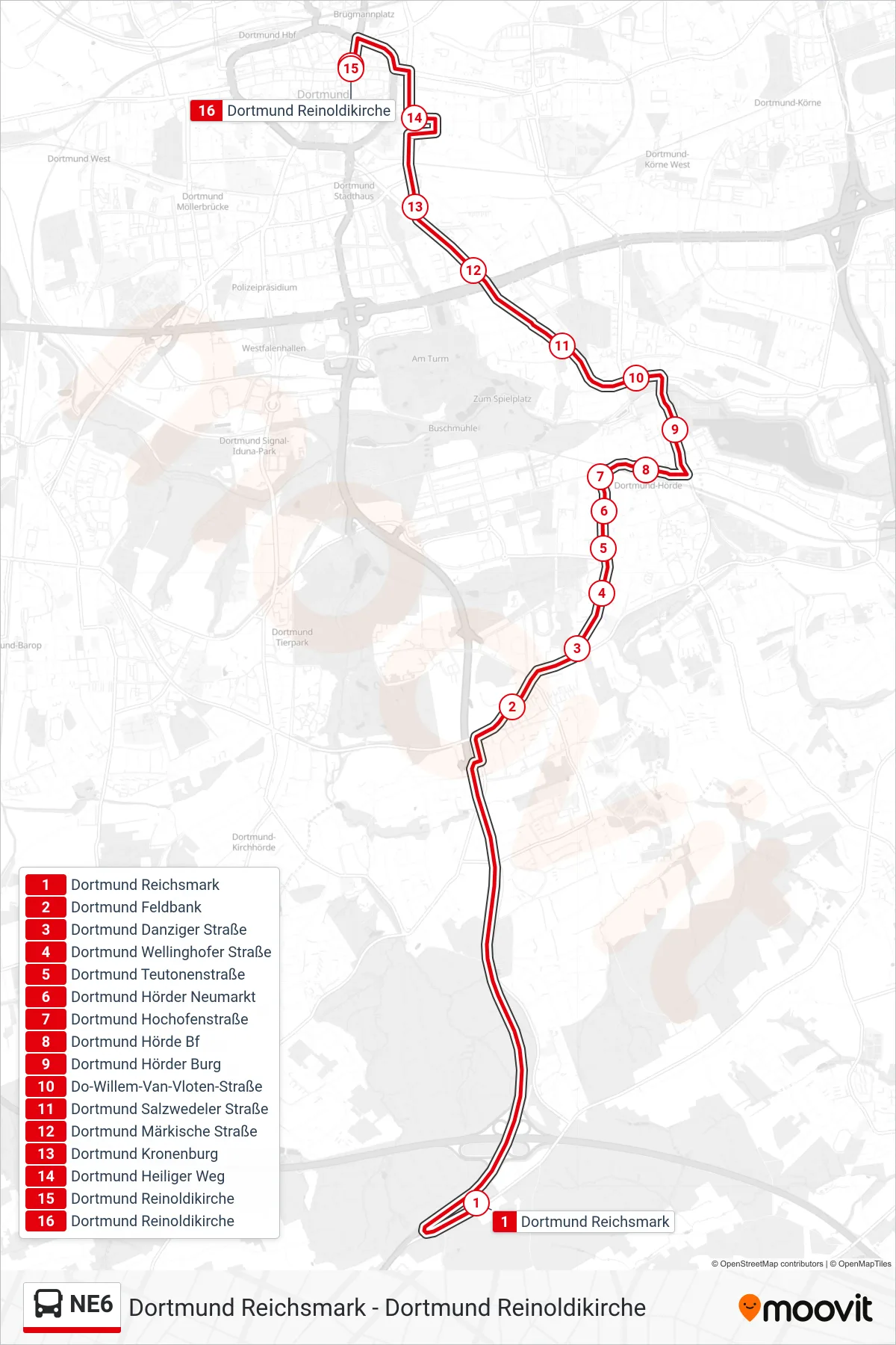Linie NE6 (Bus) Richtung Dortmund Reinoldikirche: Route und Haltestellen auf der Karte