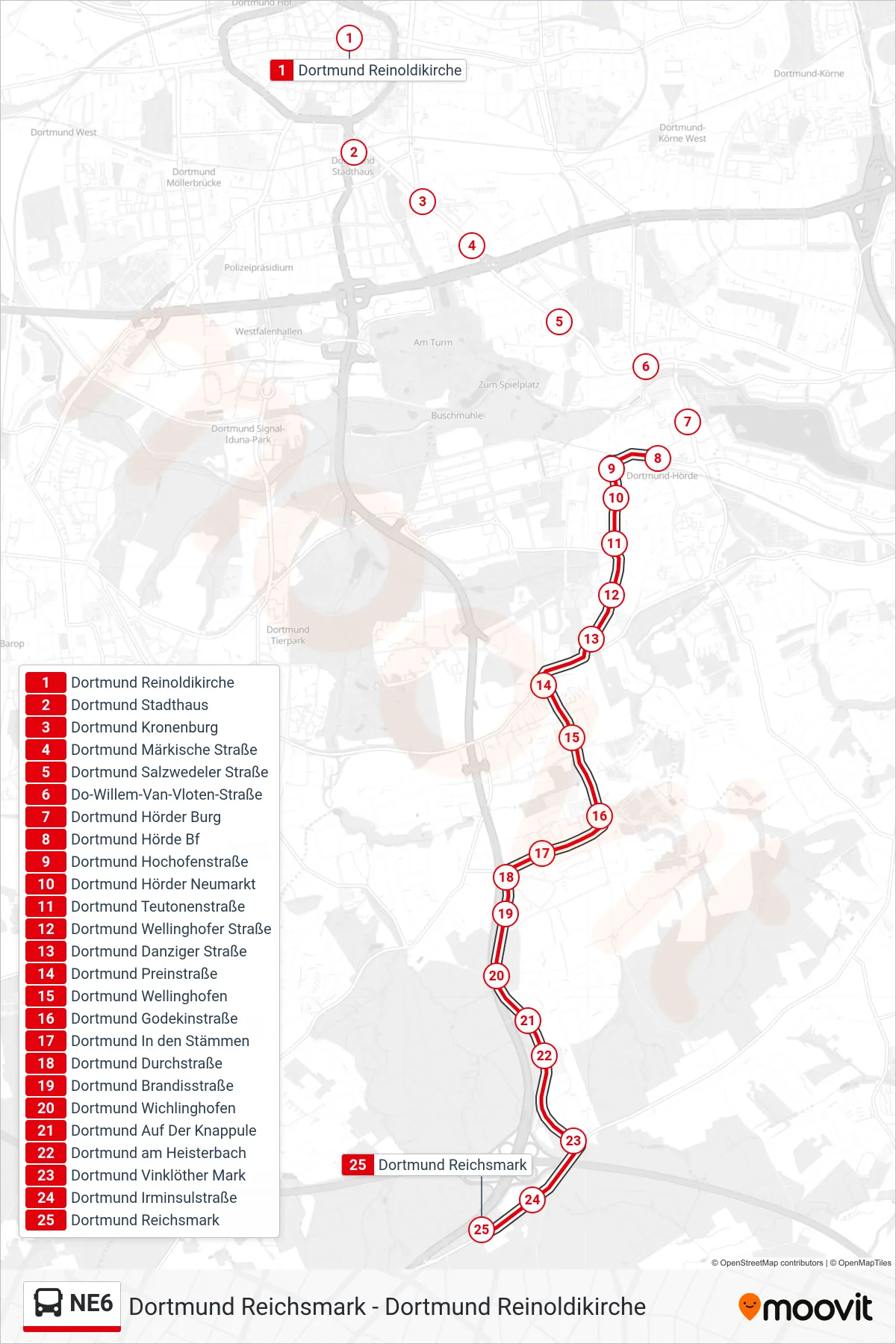 Linie NE6 (Bus) Richtung Dortmund Reichsmark: Route und Haltestellen auf der Karte
