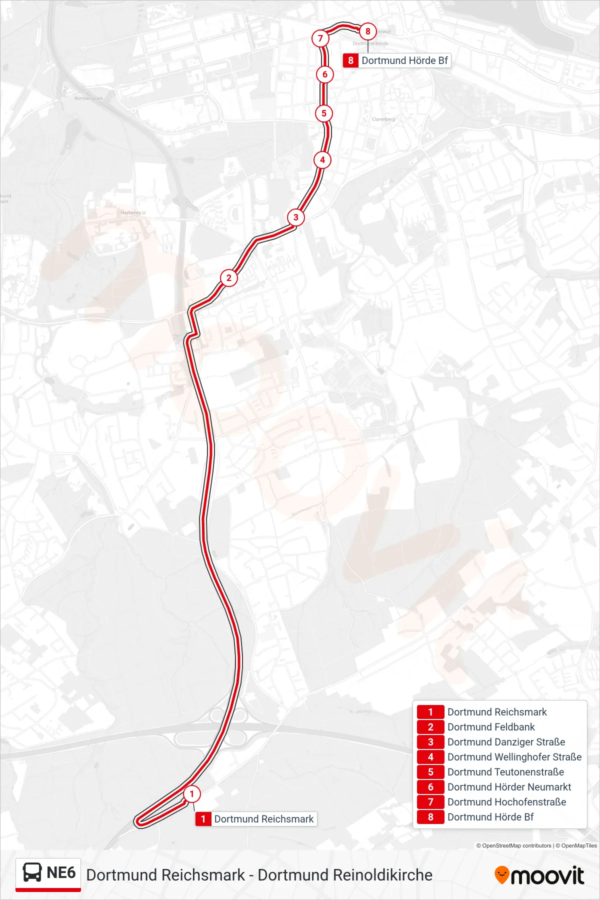 NE6 bus Line (Dortmund Hörde Bf) route and stops on a map