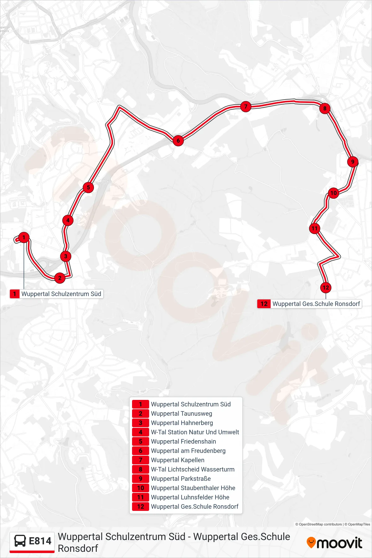 Linie E814 (Bus) Richtung Wuppertal Ges.Schule Ronsdorf: Route und Haltestellen auf der Karte