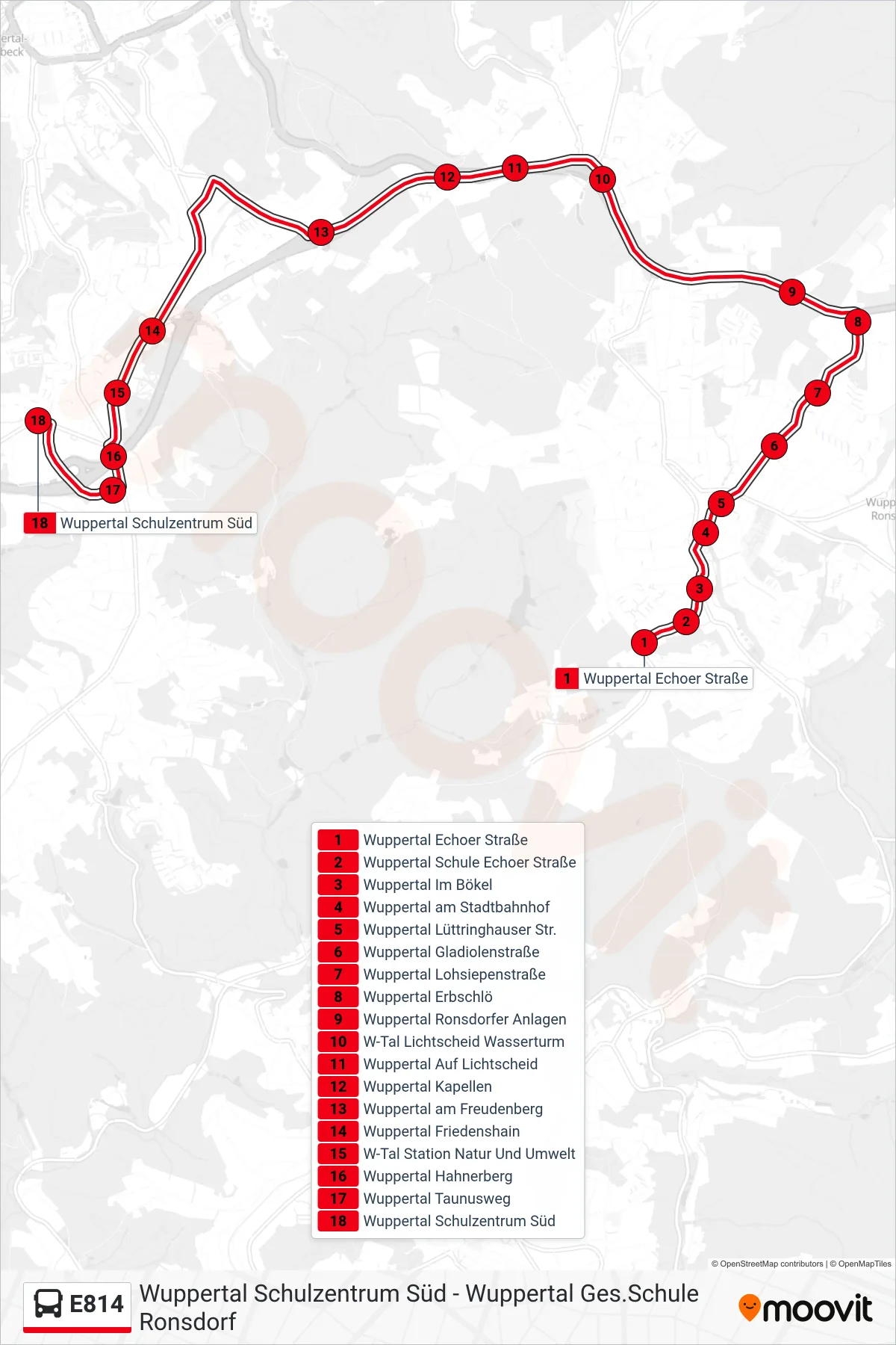 Linie E814 (Bus) Richtung Wuppertal Schulzentrum Süd: Route und Haltestellen auf der Karte