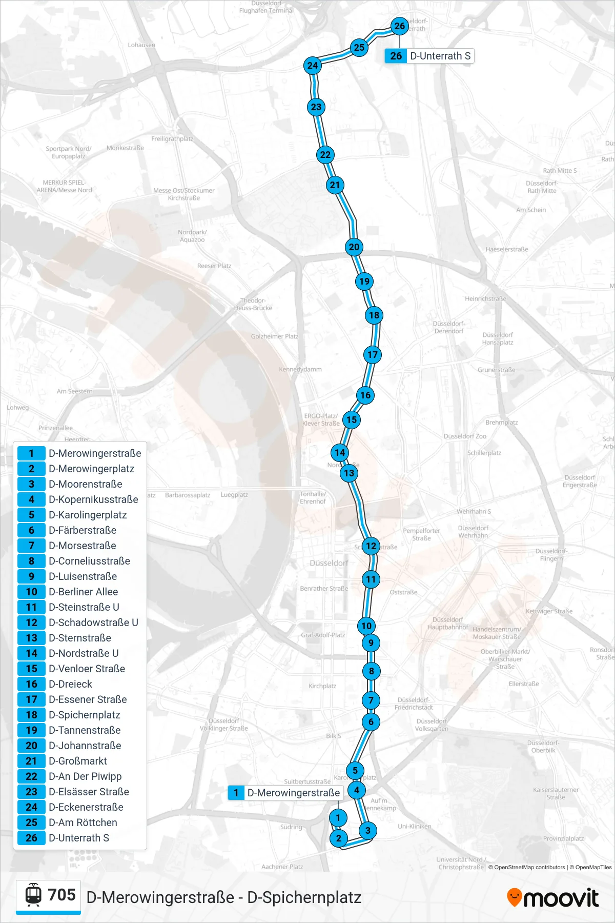 705 light rail Line (D-Unterrath S) route and stops on a map