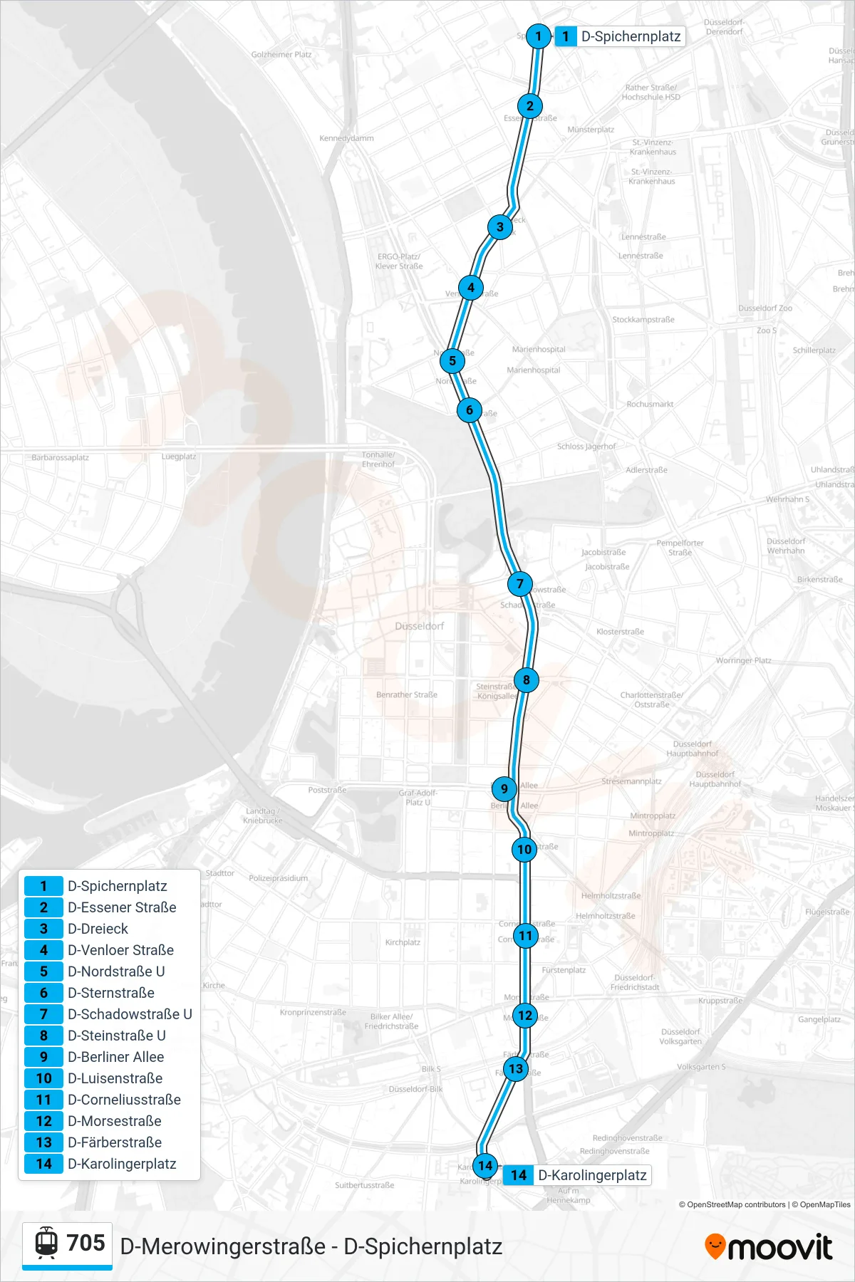 Linie 705 (Straßenbahn) Richtung D-Karolingerplatz: Route und Haltestellen auf der Karte