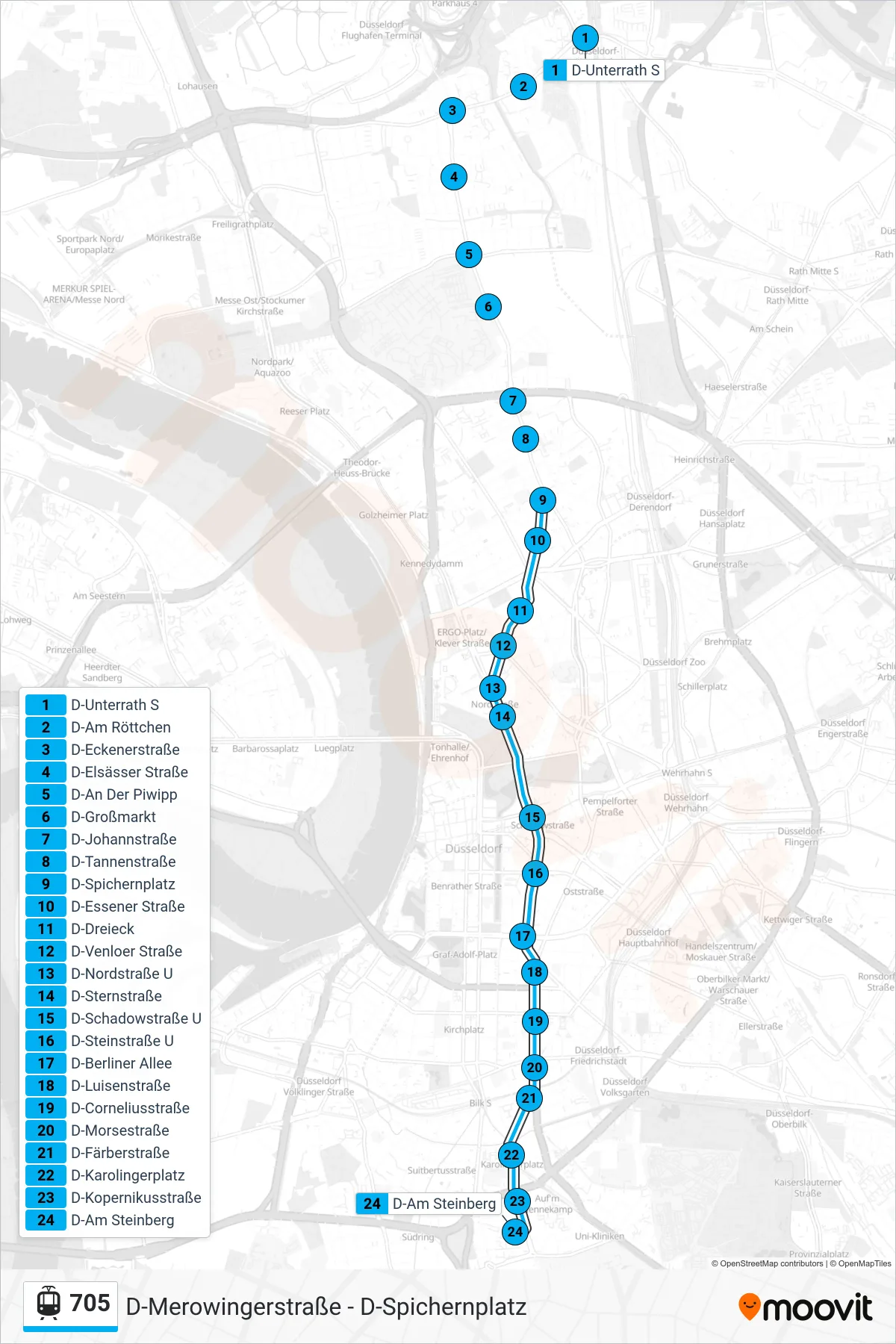 Linie 705 (Straßenbahn) Richtung D-Am Steinberg: Route und Haltestellen auf der Karte
