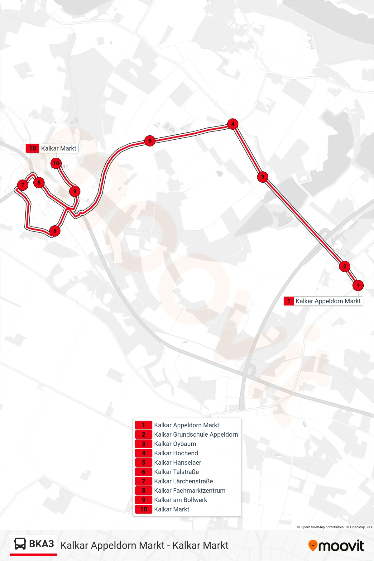 BKA3 bus Line (Kalkar Markt) route and stops on a map