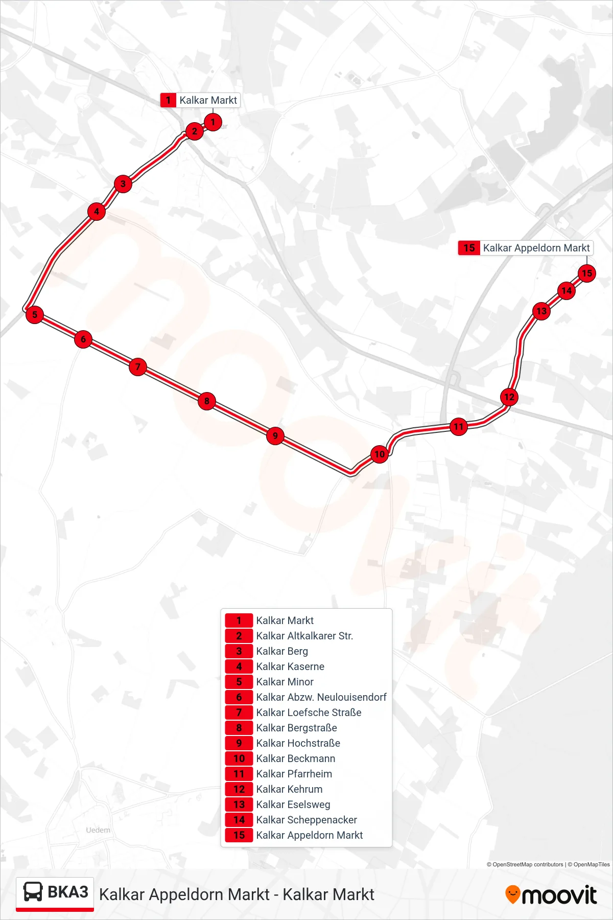 Linie BKA3 (Bus) Richtung Kalkar Appeldorn Markt: Route und Haltestellen auf der Karte
