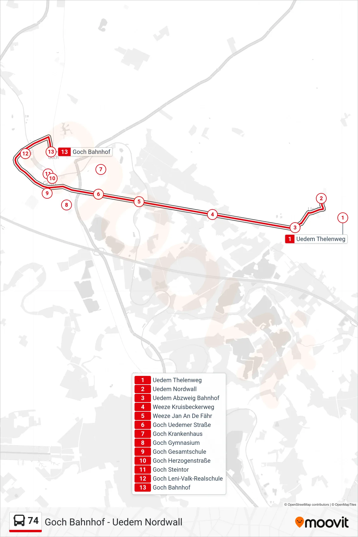 74 bus Line (Goch Bahnhof) route and stops on a map