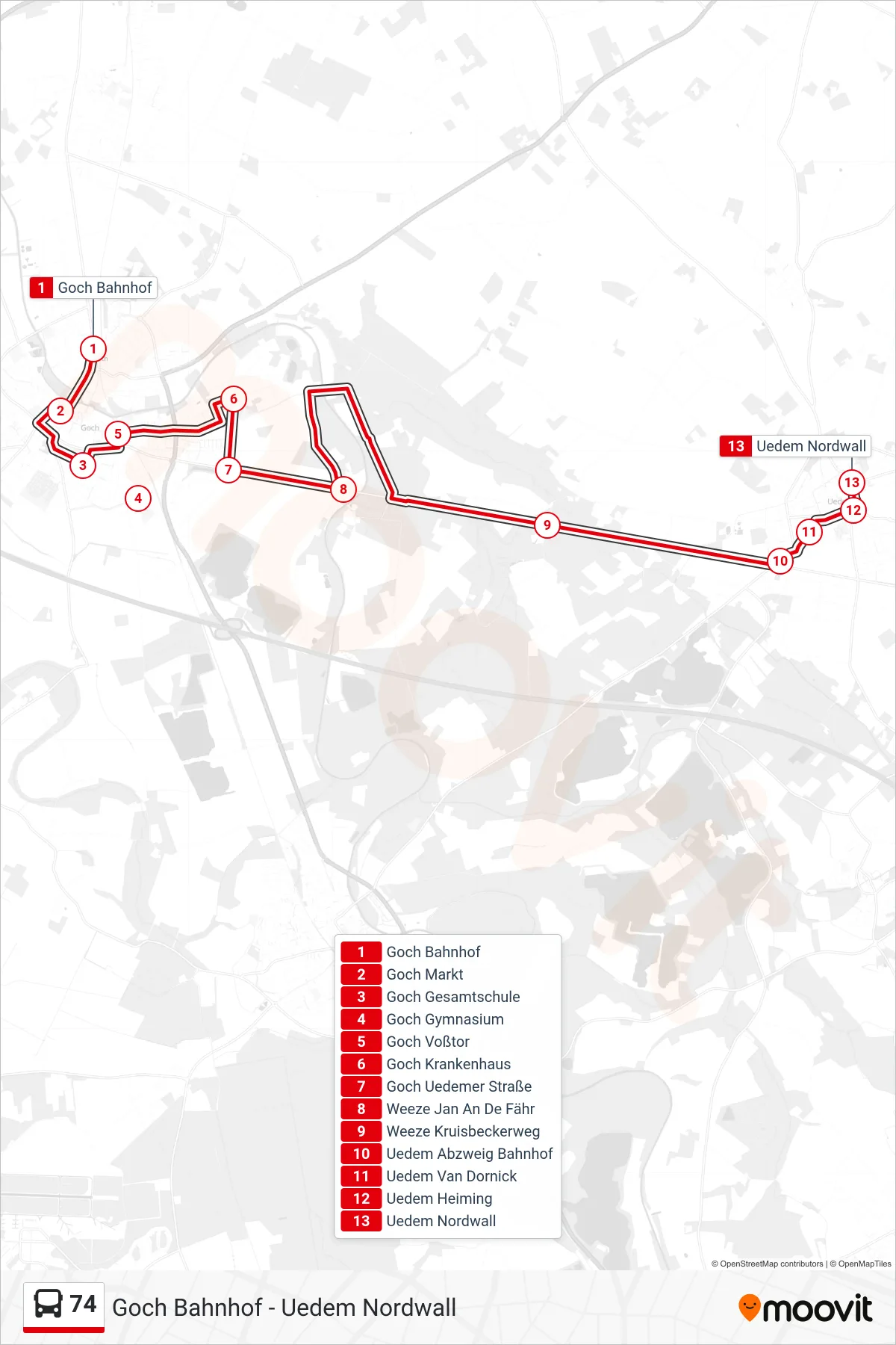 Linie 74 (Bus) Richtung Uedem Nordwall: Route und Haltestellen auf der Karte