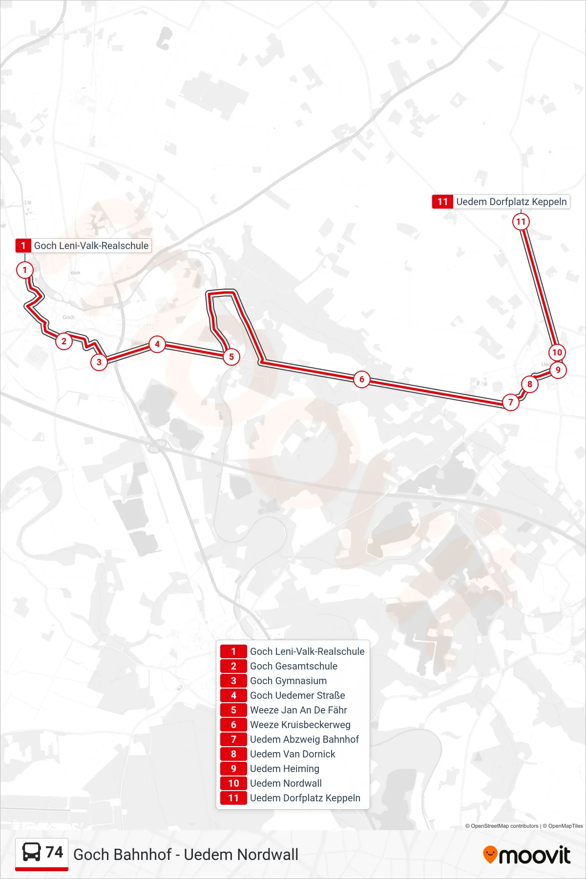 Linie 74 (Bus) Richtung Uedem Dorfplatz Keppeln: Route und Haltestellen auf der Karte