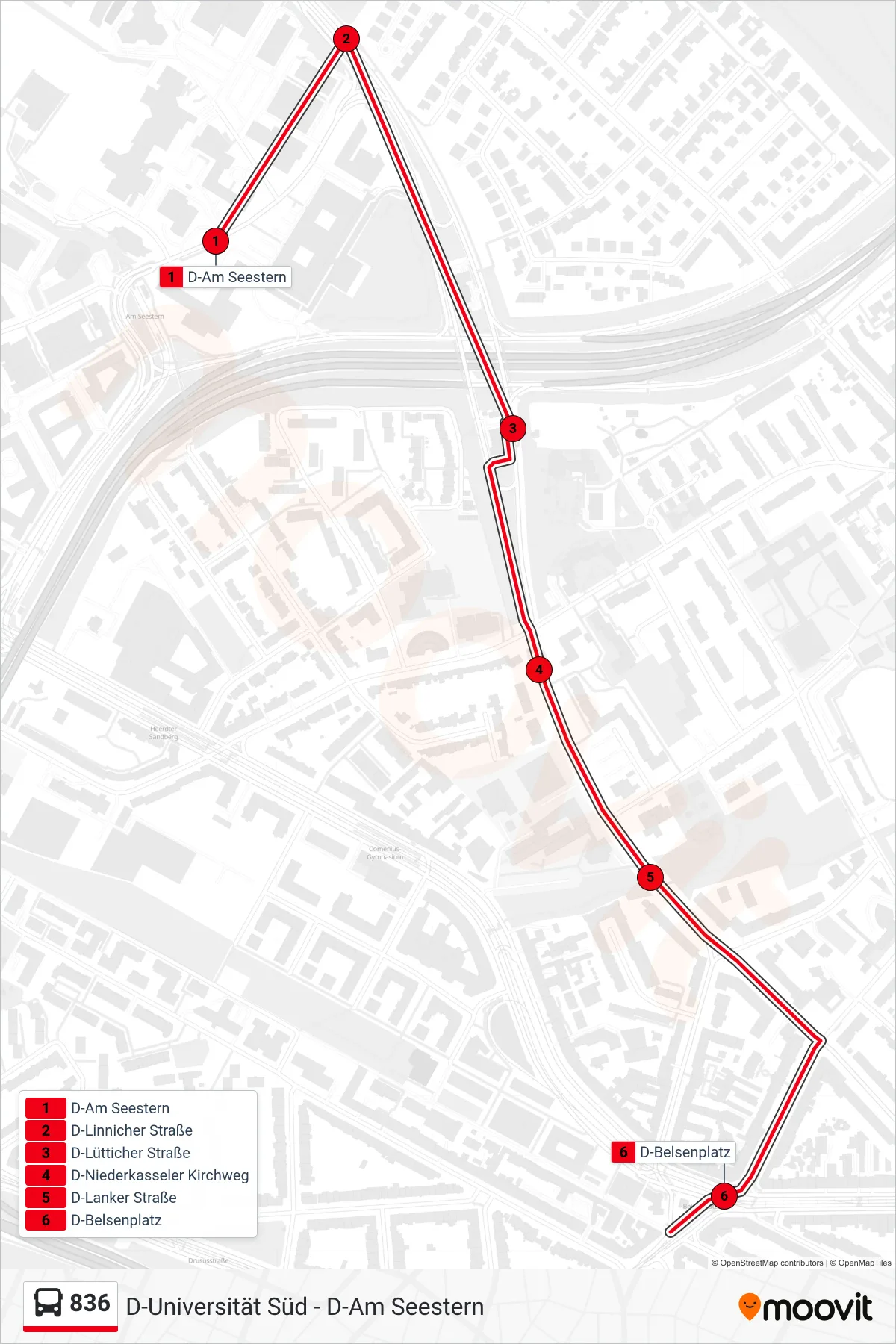 836 bus Line (D-Belsenplatz) route and stops on a map