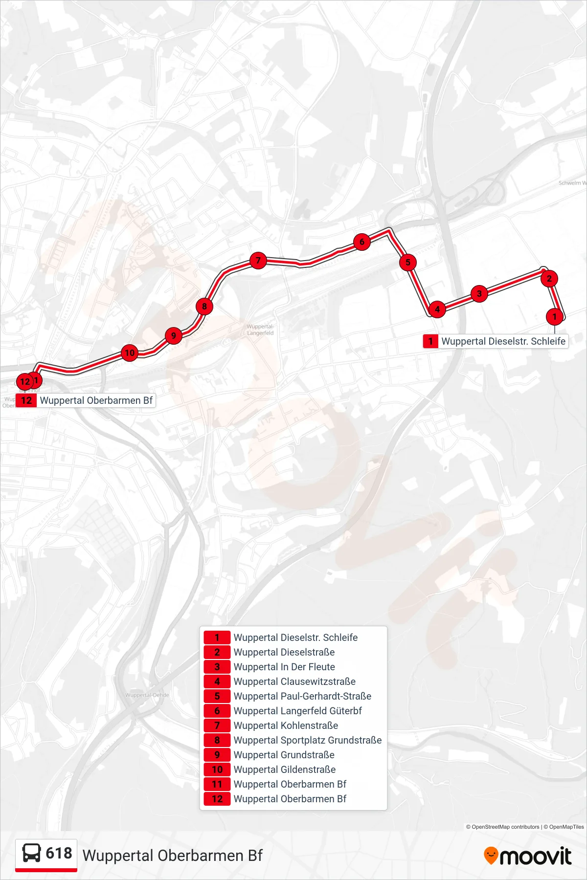 Linie 618 (Bus) Richtung Wuppertal Oberbarmen Bf: Route und Haltestellen auf der Karte