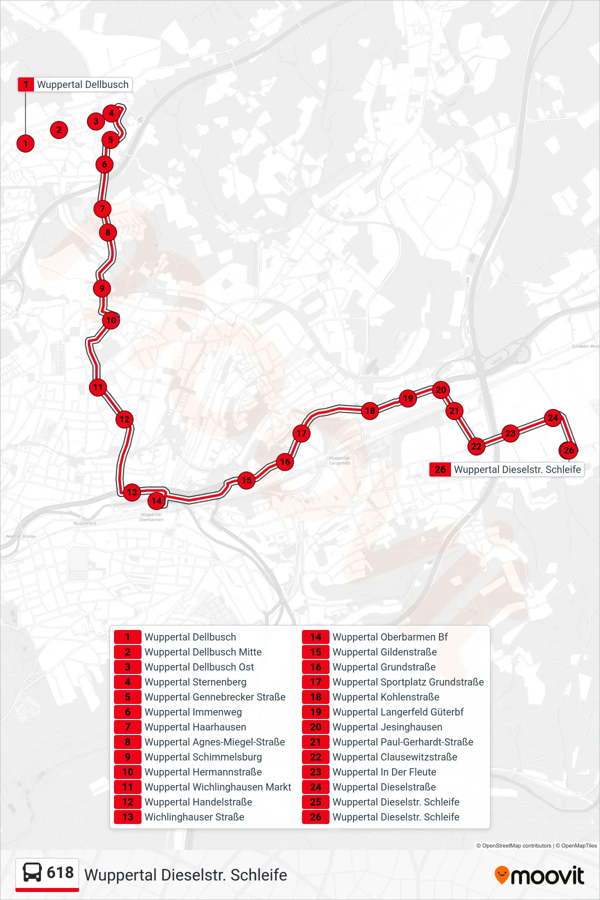 Linie 618 (Bus) Richtung Wuppertal Dieselstr. Schleife: Route und Haltestellen auf der Karte