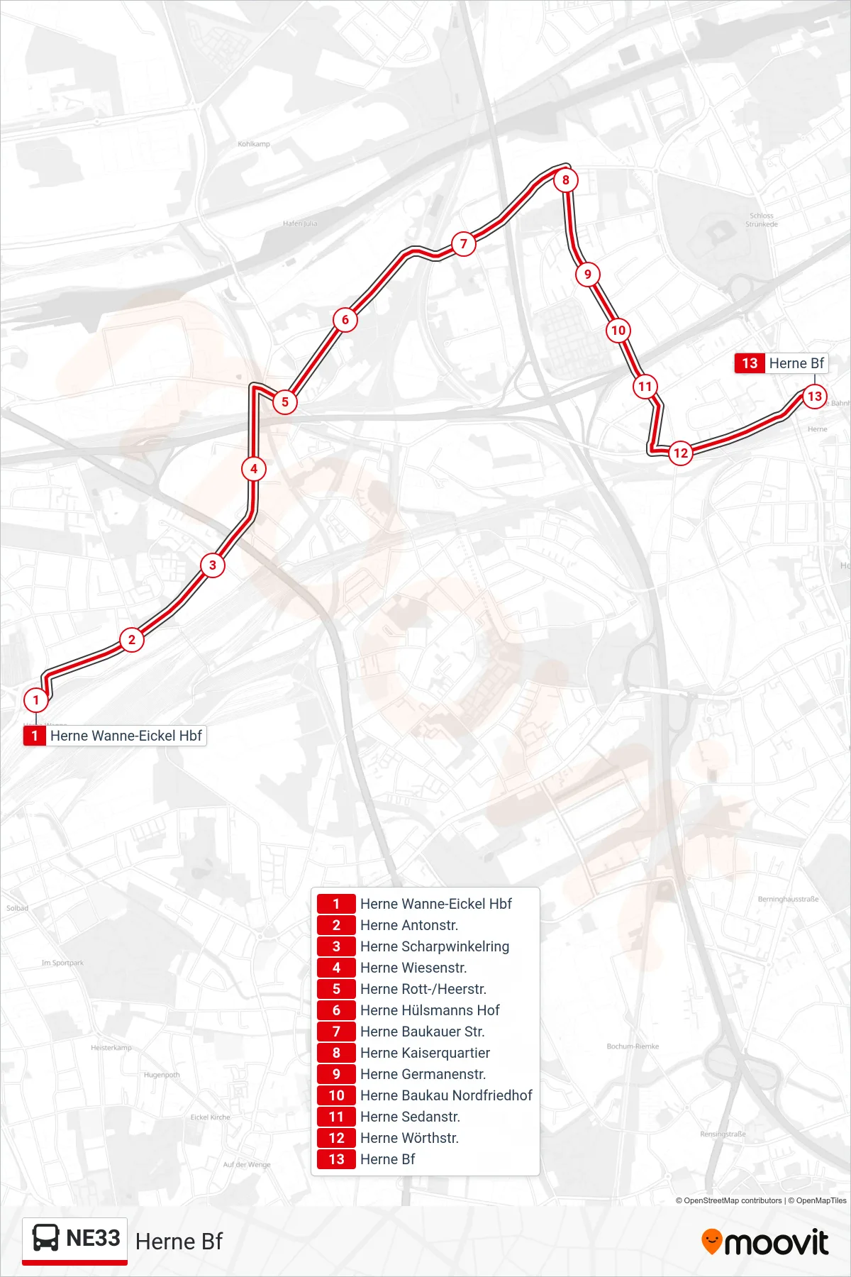Linie NE33 (Bus) Richtung Herne Bf: Route und Haltestellen auf der Karte