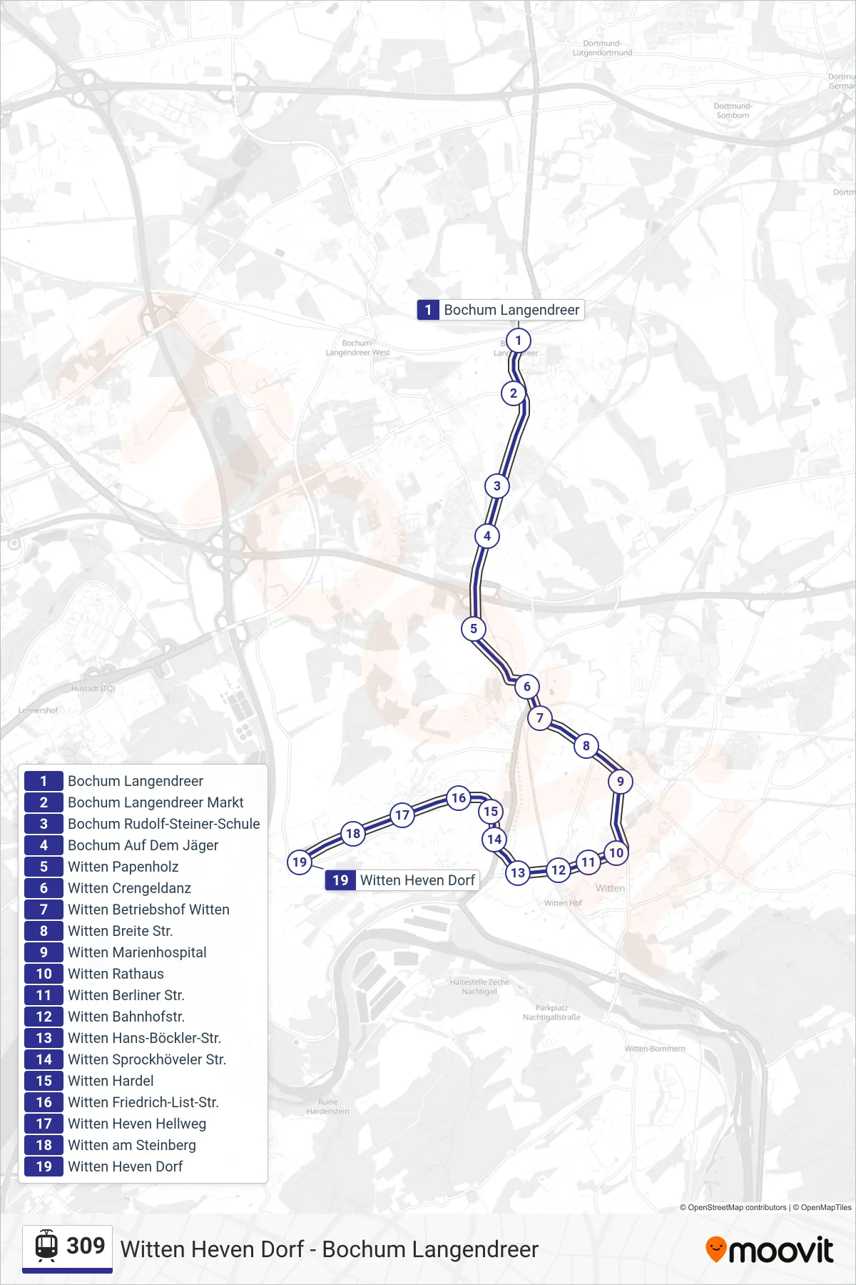 Linie 309 (Straßenbahn) Richtung Witten Heven Dorf: Route und Haltestellen auf der Karte