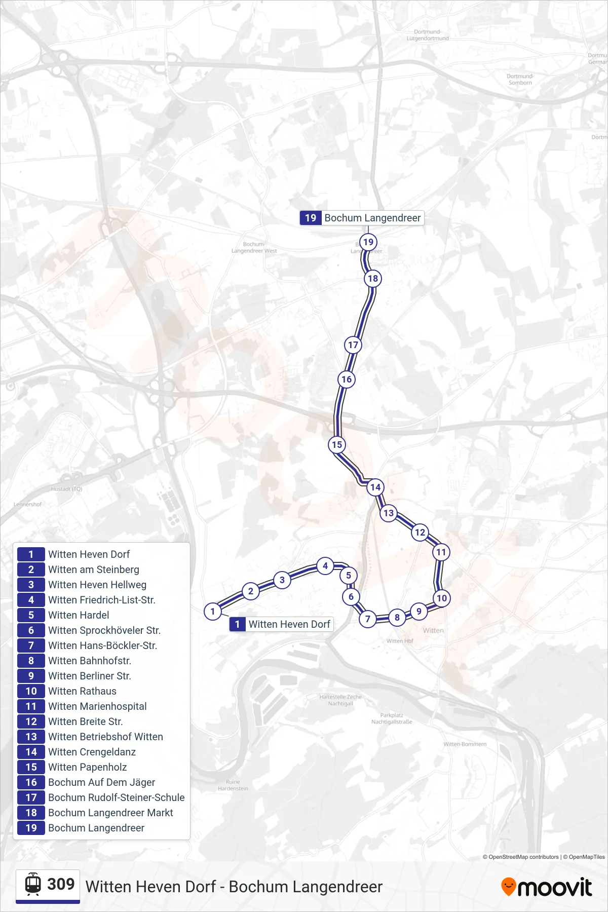 Linie 309 (Straßenbahn) Richtung Bochum Langendreer: Route und Haltestellen auf der Karte