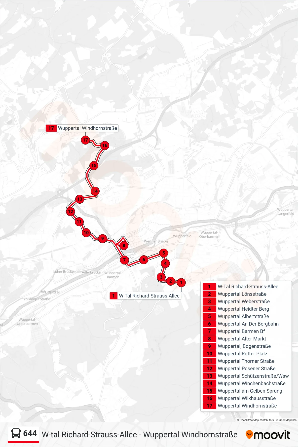 Linie 644 (Bus) Richtung Wuppertal Windhornstraße: Route und Haltestellen auf der Karte