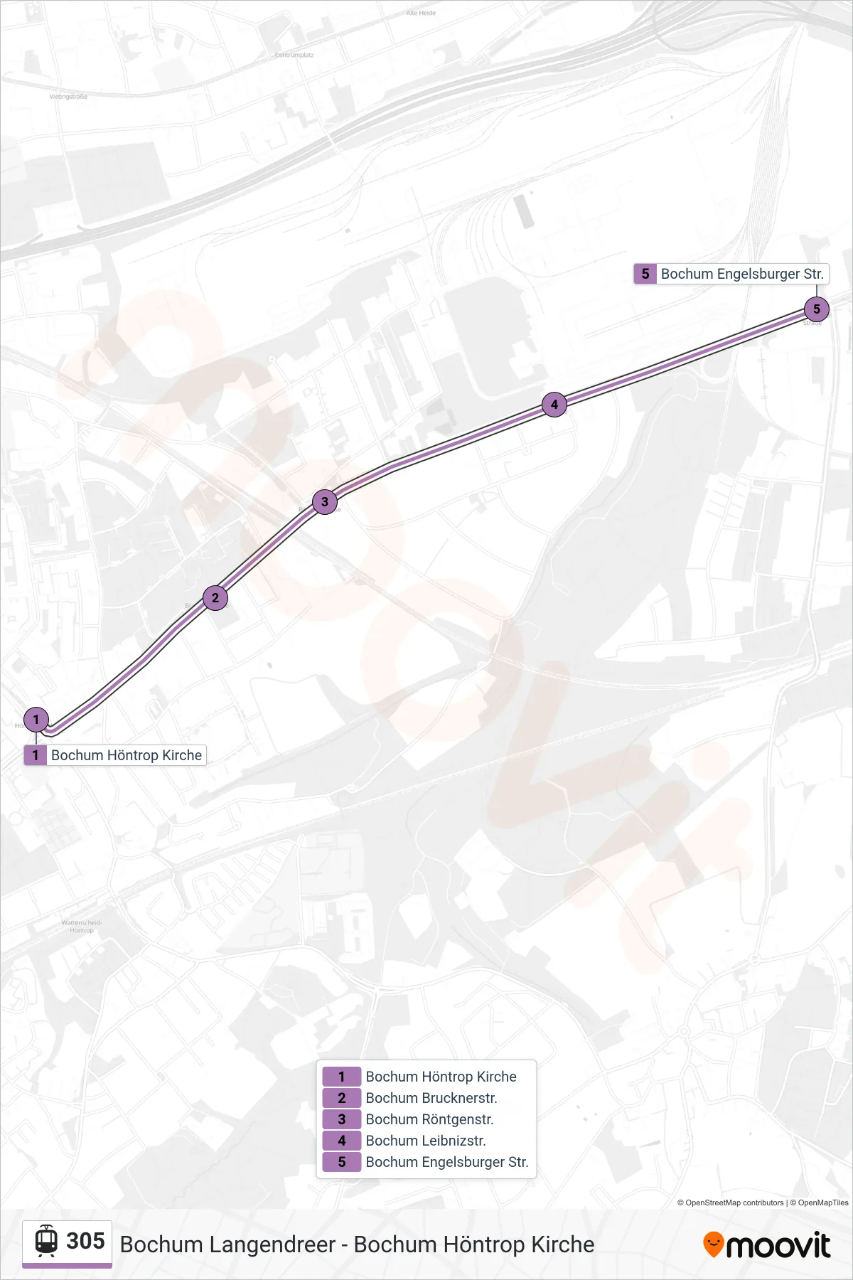 305 light rail Line (Bochum Engelsburger Str.) route and stops on a map