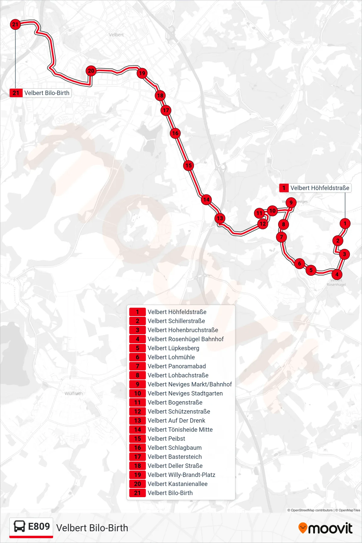 Linie E809 (Bus) Richtung Velbert Bilo-Birth: Route und Haltestellen auf der Karte