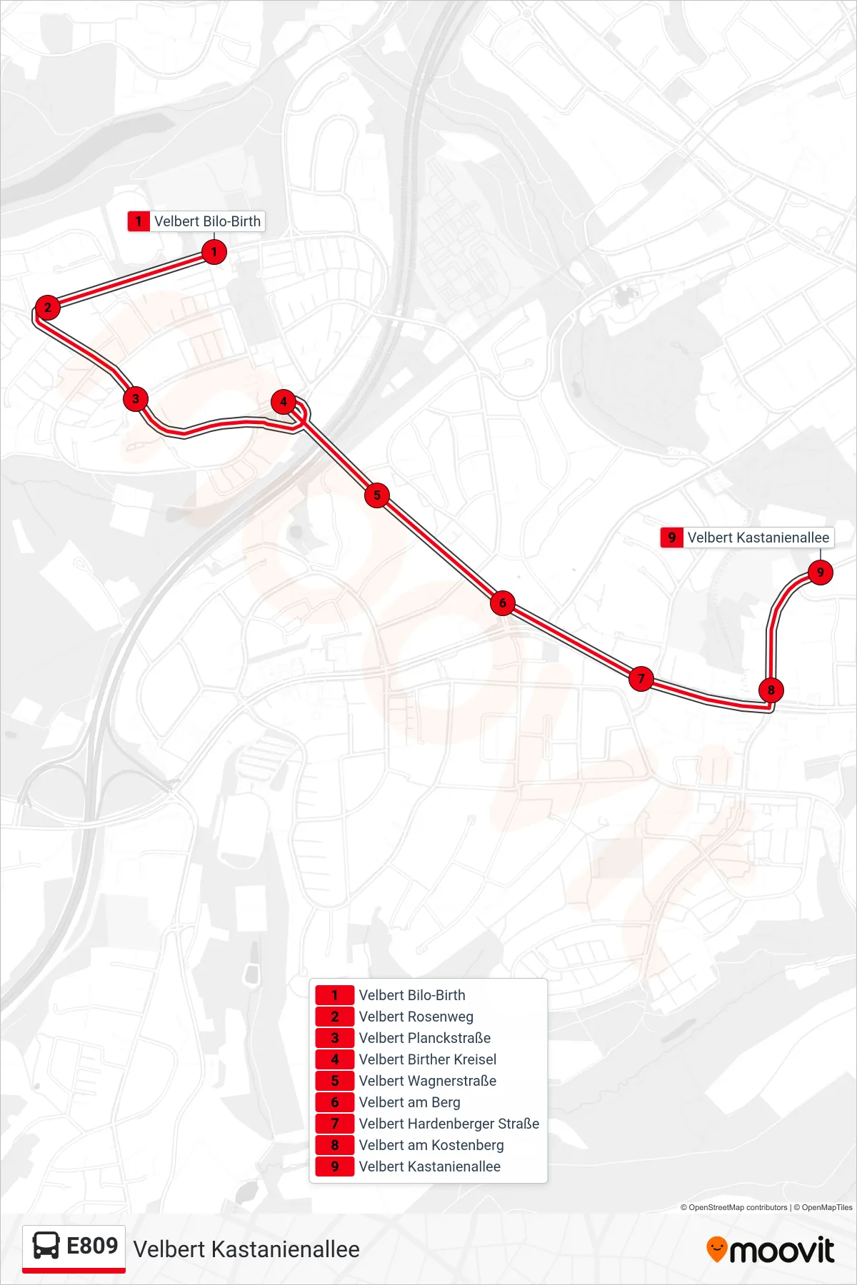 Linie E809 (Bus) Richtung Velbert Kastanienallee: Route und Haltestellen auf der Karte