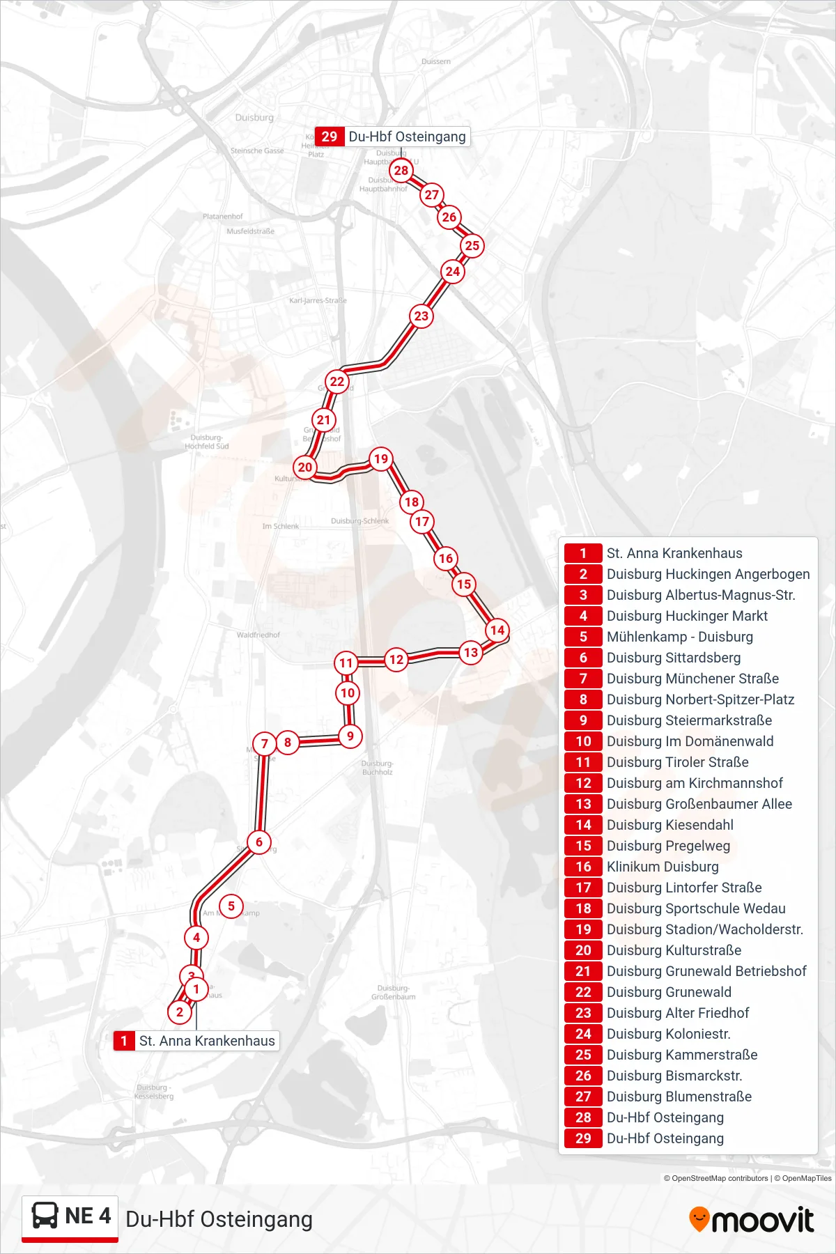 Linie NE 4 (Bus) Richtung Du-Hbf Osteingang: Route und Haltestellen auf der Karte