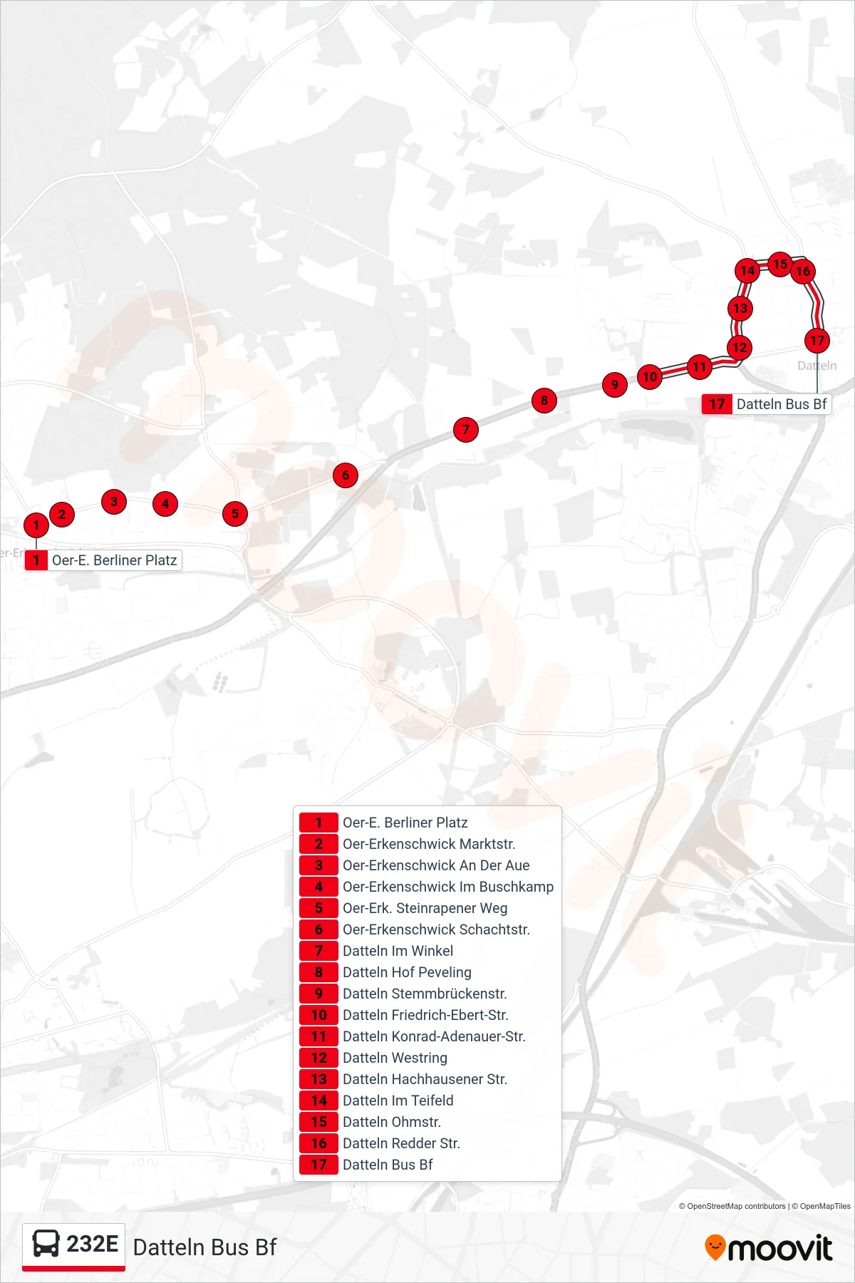 Linie 232E (Bus) Richtung Datteln Bus Bf: Route und Haltestellen auf der Karte