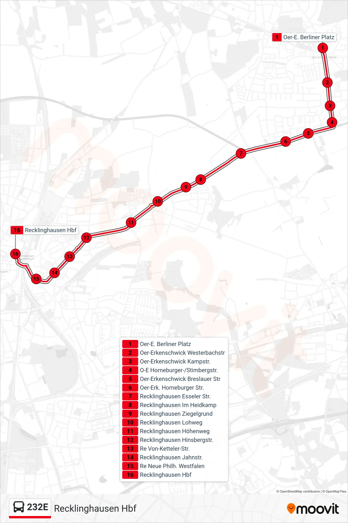 Linie 232E (Bus) Richtung Recklinghausen Hbf: Route und Haltestellen auf der Karte