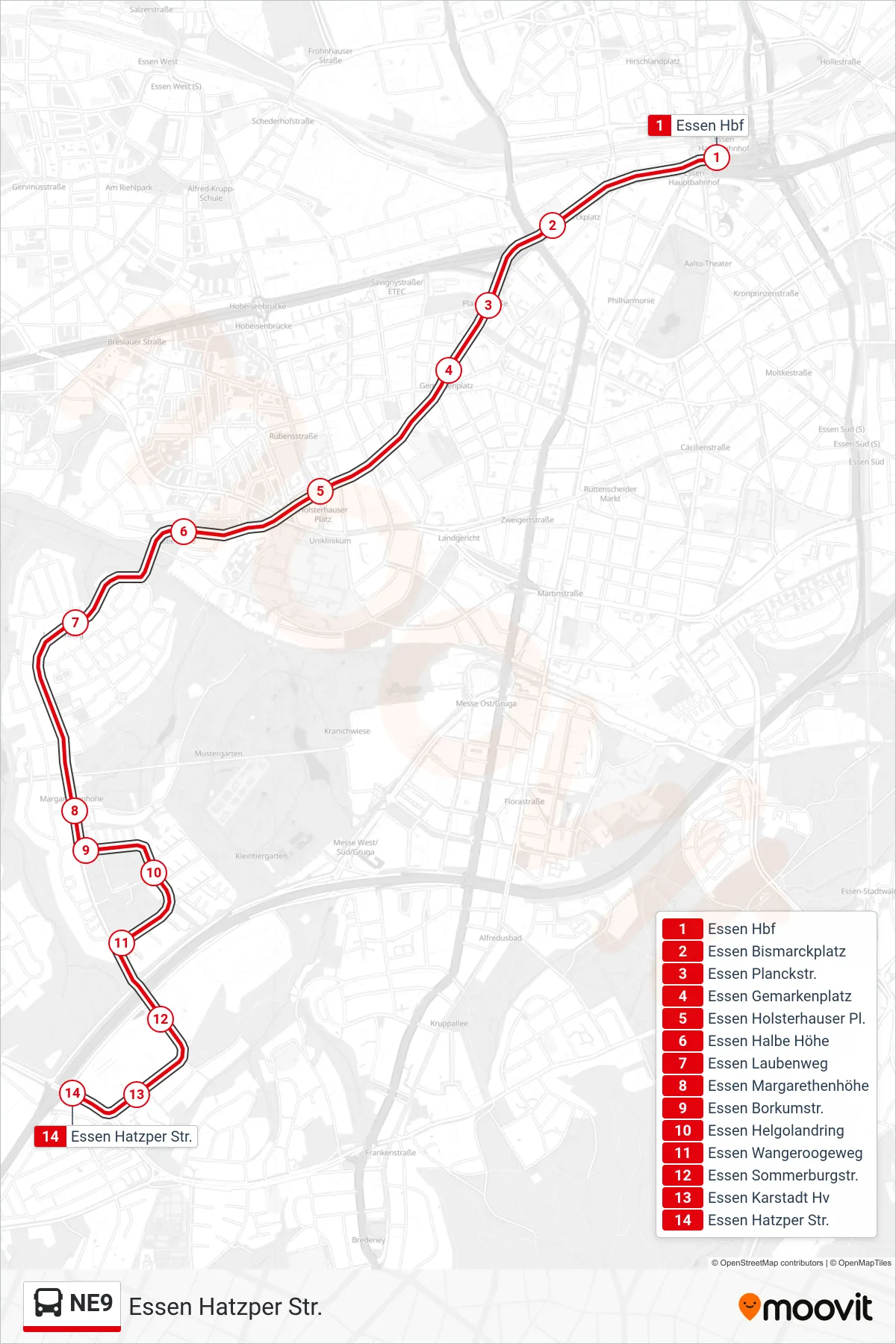 Linie NE9 (Bus) Richtung Essen Hatzper Str.: Route und Haltestellen auf der Karte