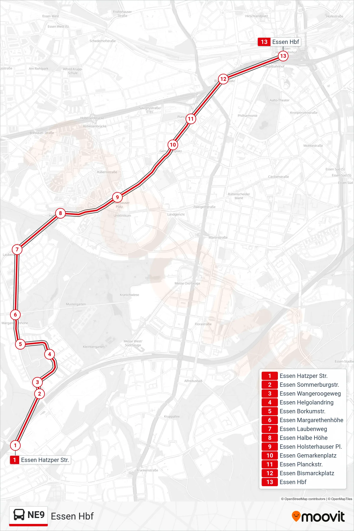 Linie NE9 (Bus) Richtung Essen Hbf: Route und Haltestellen auf der Karte