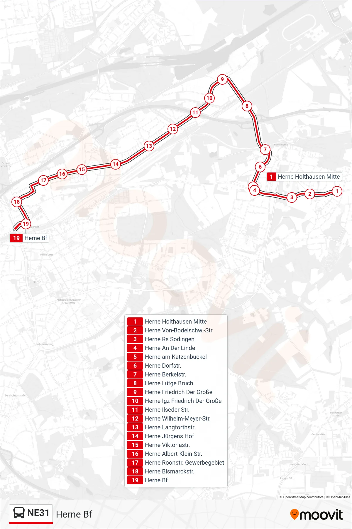 Linie NE31 (Bus) Richtung Herne Bf: Route und Haltestellen auf der Karte
