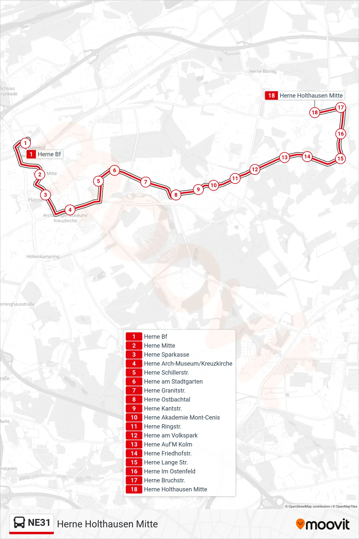 Linie NE31 (Bus) Richtung Herne Holthausen Mitte: Route und Haltestellen auf der Karte