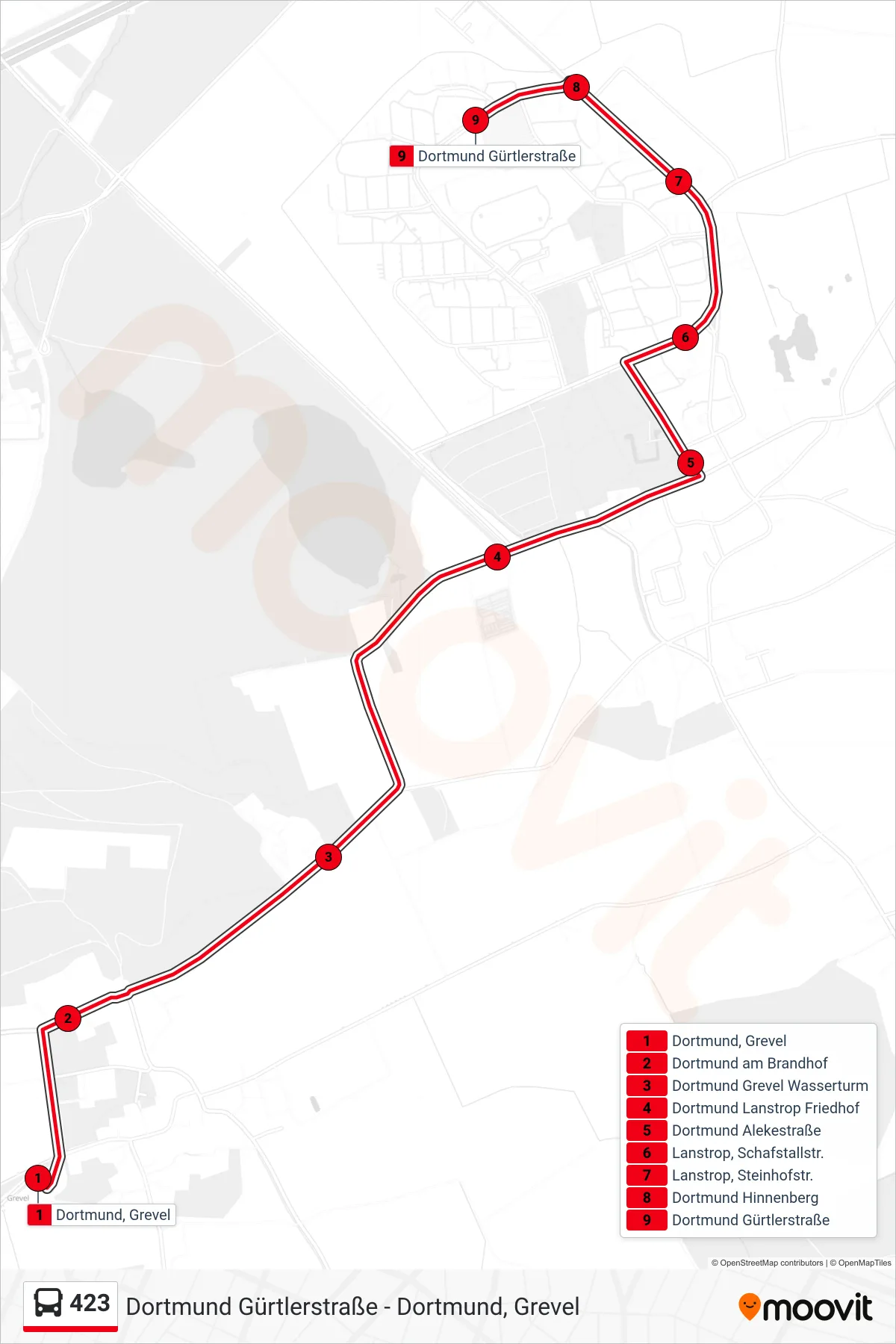 Linie 423 (Bus) Richtung Dortmund Gürtlerstraße: Route und Haltestellen auf der Karte