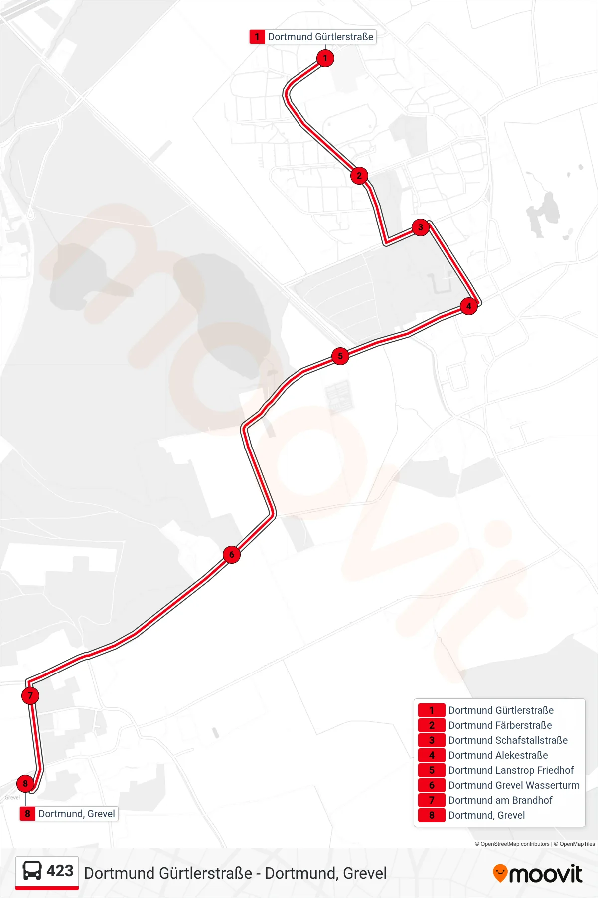 Linie 423 (Bus) Richtung Dortmund, Grevel: Route und Haltestellen auf der Karte