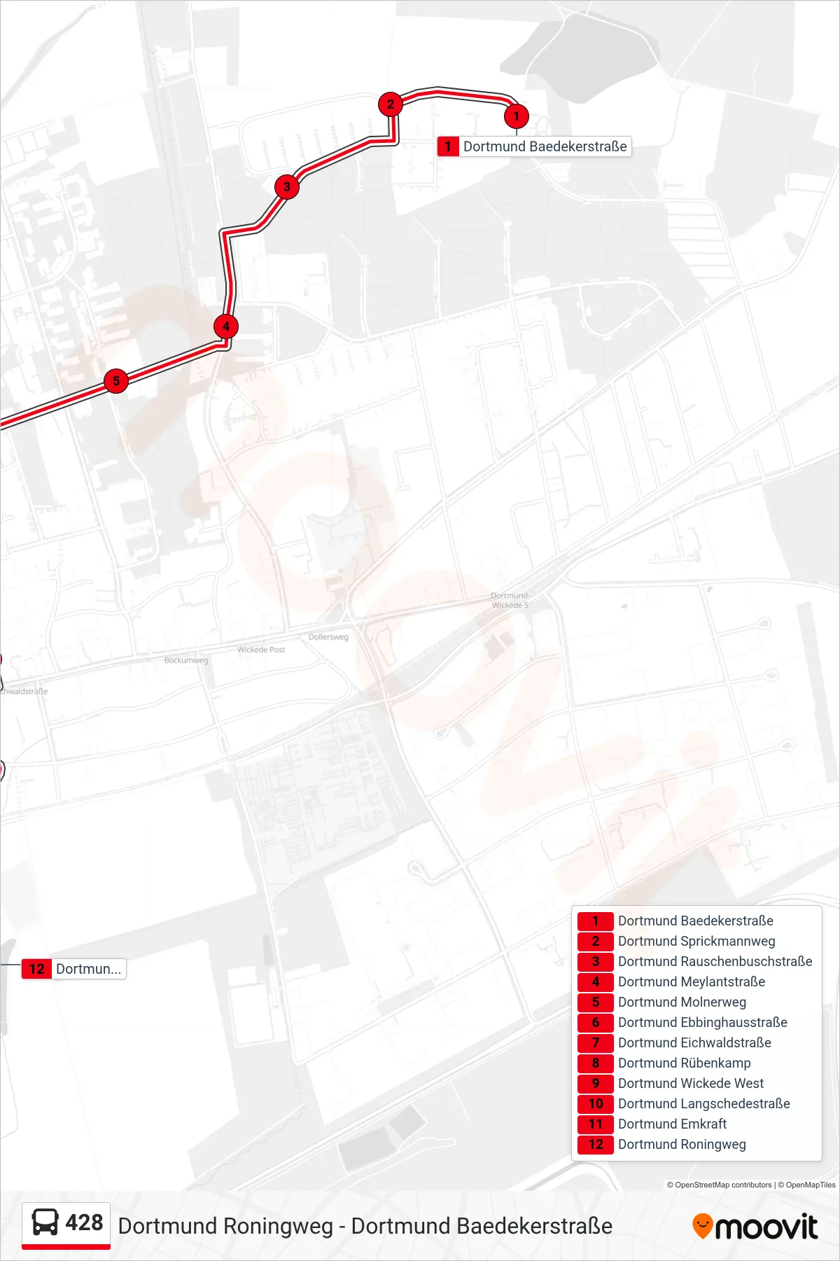 428 bus Line (Dortmund Roningweg) route and stops on a map