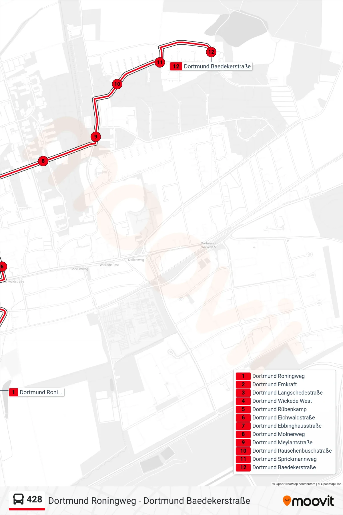 Linie 428 (Bus) Richtung Dortmund Baedekerstraße: Route und Haltestellen auf der Karte