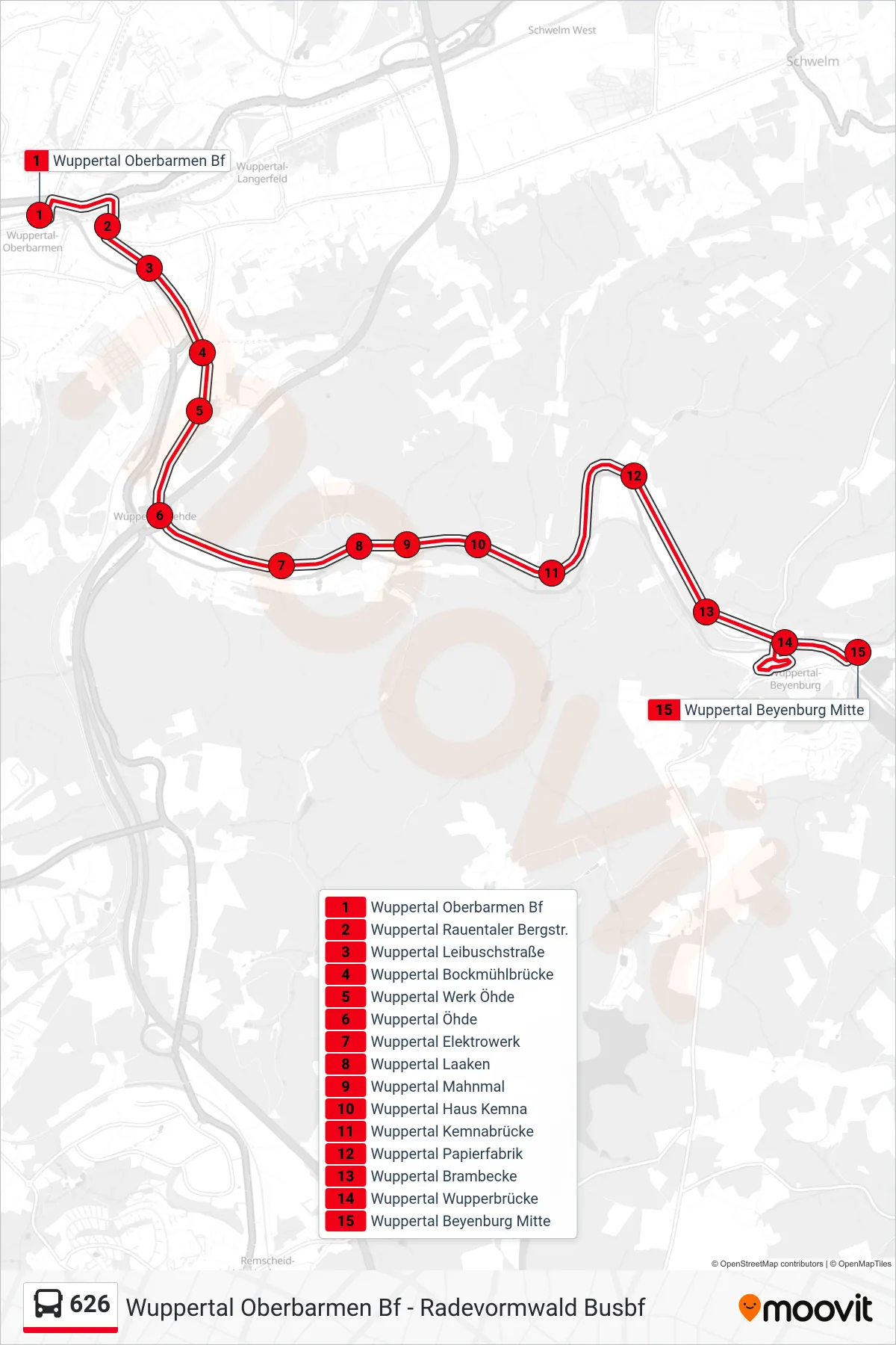 Linie 626 (Bus) Richtung Wuppertal Beyenburg Mitte: Route und Haltestellen auf der Karte