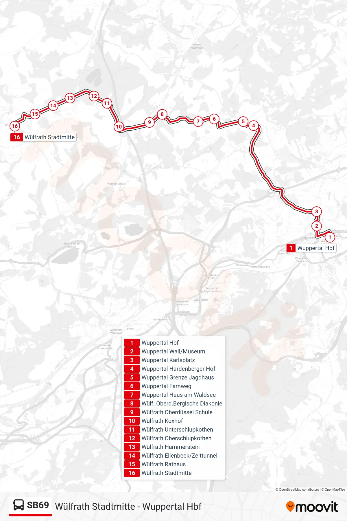 Linie SB69 (Bus) Richtung Wülfrath Stadtmitte: Route und Haltestellen auf der Karte