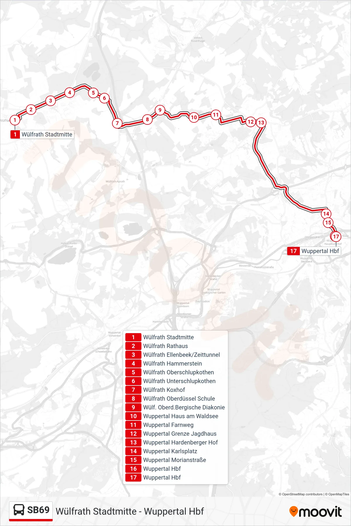 Linie SB69 (Bus) Richtung Wuppertal Hbf: Route und Haltestellen auf der Karte