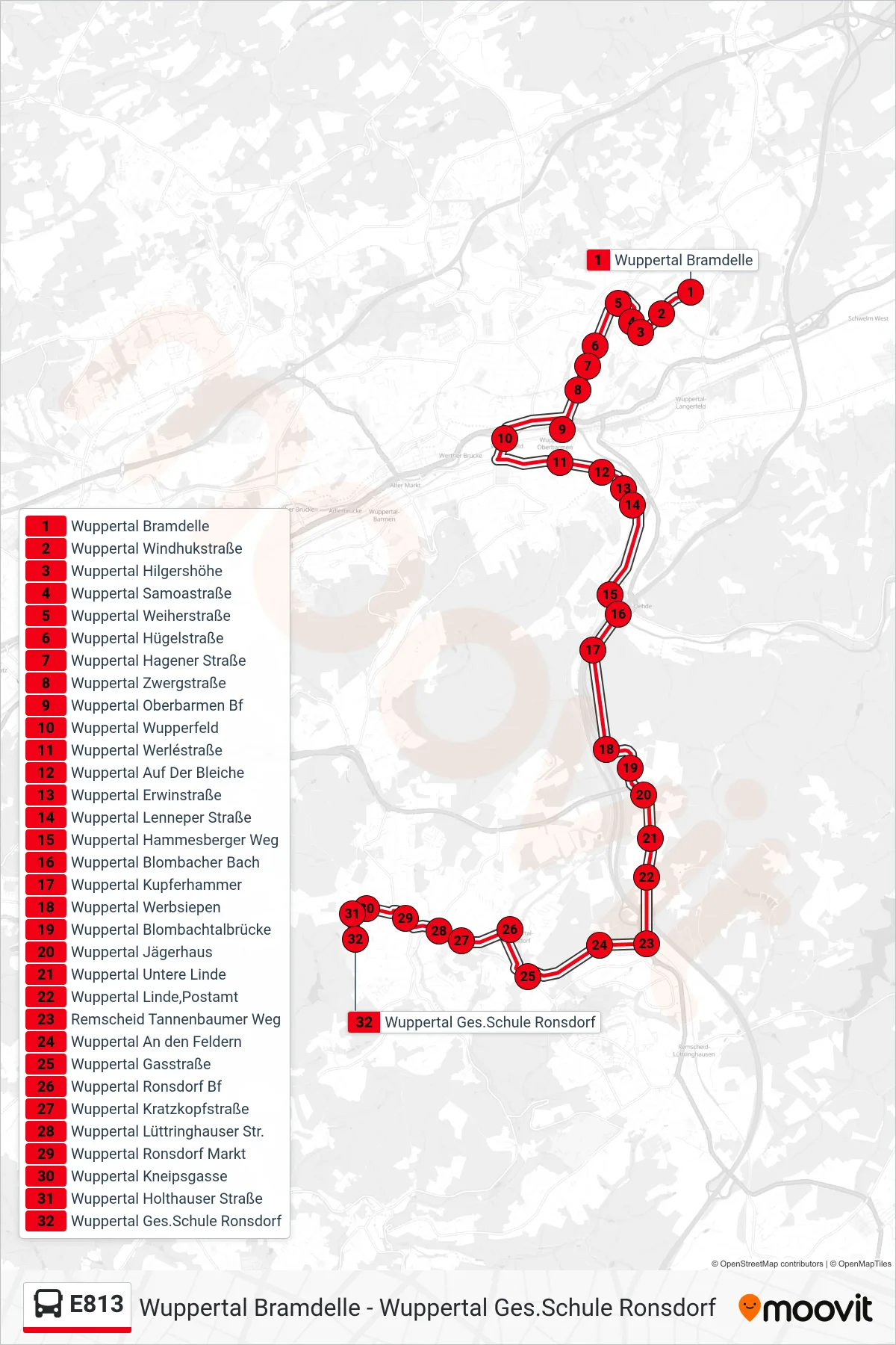 Linie E813 (Bus) Richtung Wuppertal Ges.Schule Ronsdorf: Route und Haltestellen auf der Karte