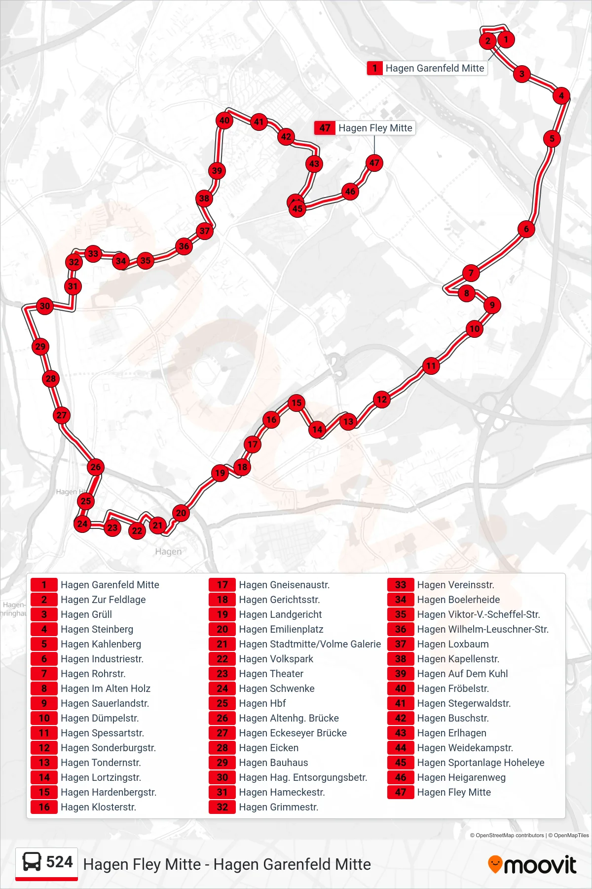 Linie 524 (Bus) Richtung Hagen Fley Mitte: Route und Haltestellen auf der Karte